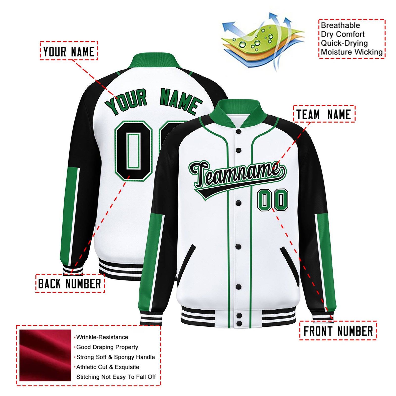 Custom White Black-Kelly Green Varsity Full-Snap Color Block Letterman Jacket