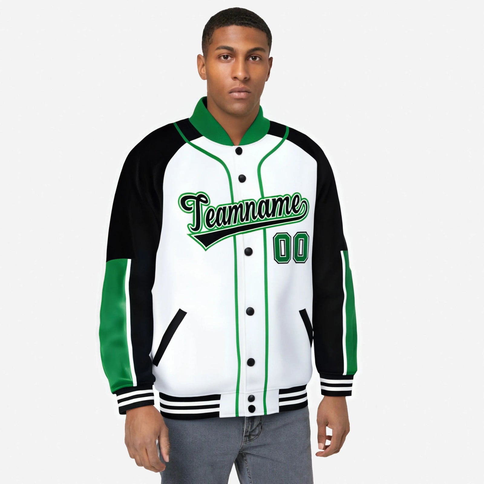 Custom White Black-Kelly Green Varsity Full-Snap Color Block Letterman Jacket