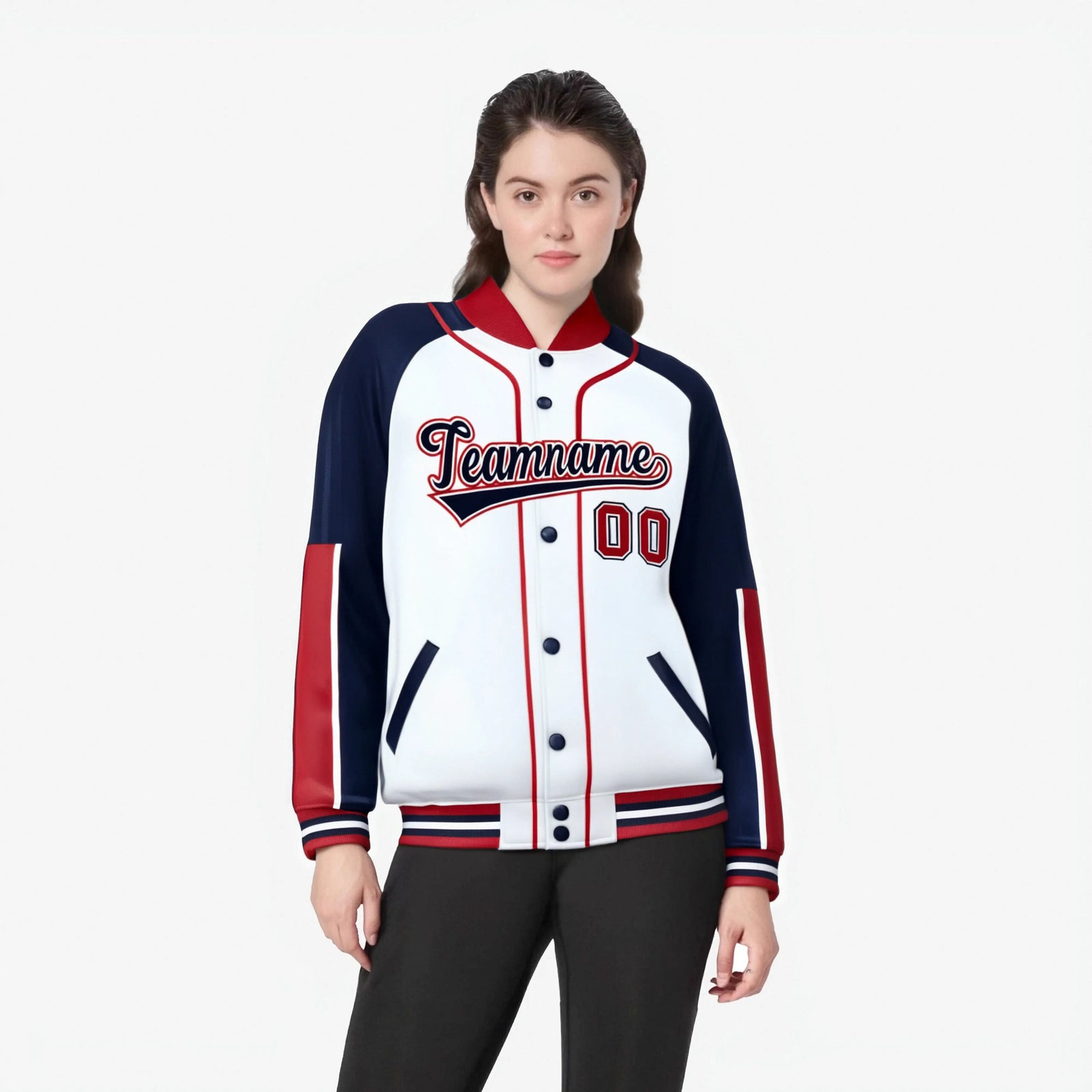 Custom White Navy-Red Varsity Full-Snap Color Block Letterman Jacket
