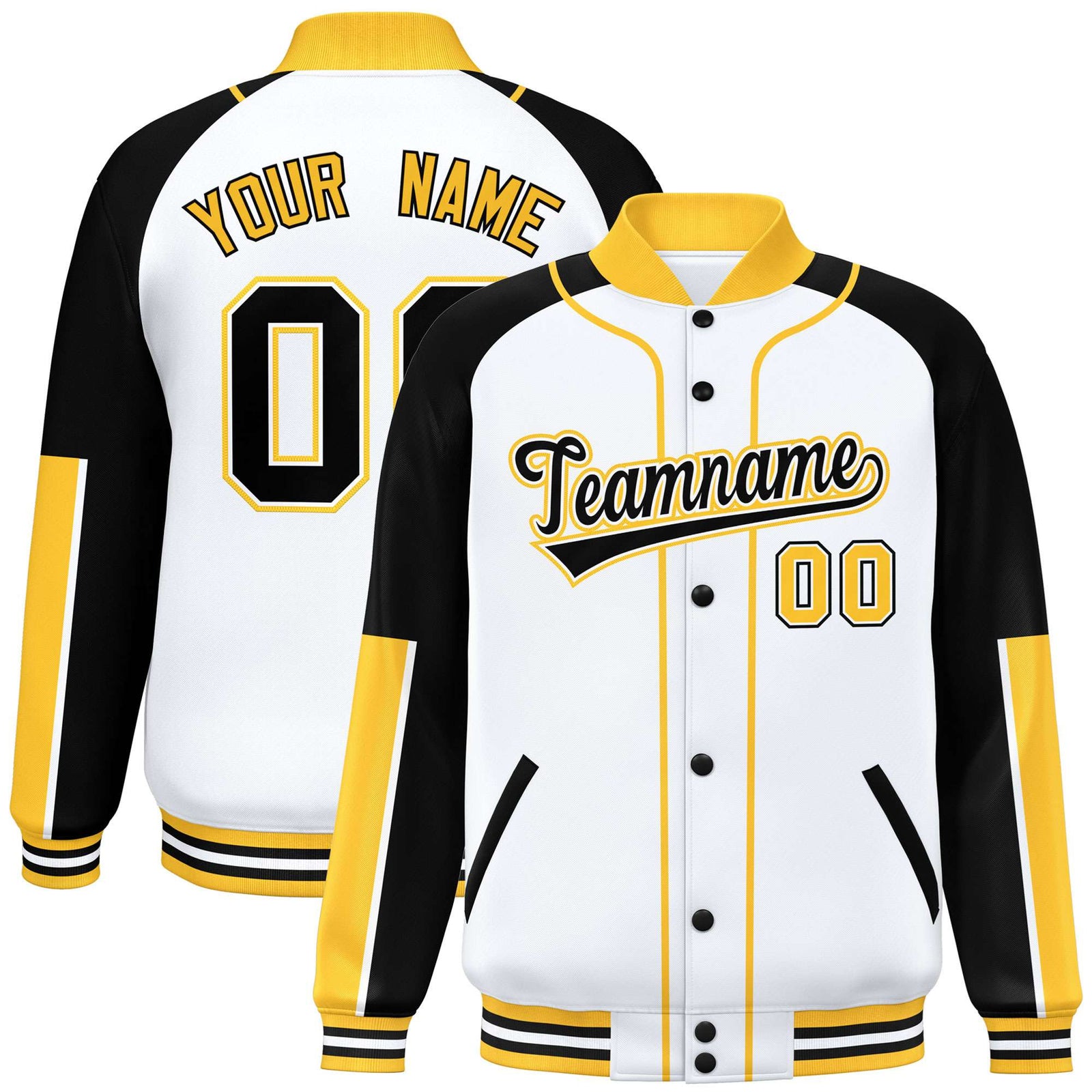Custom White Black-Gold Varsity Full-Snap Color Block Letterman Jacket