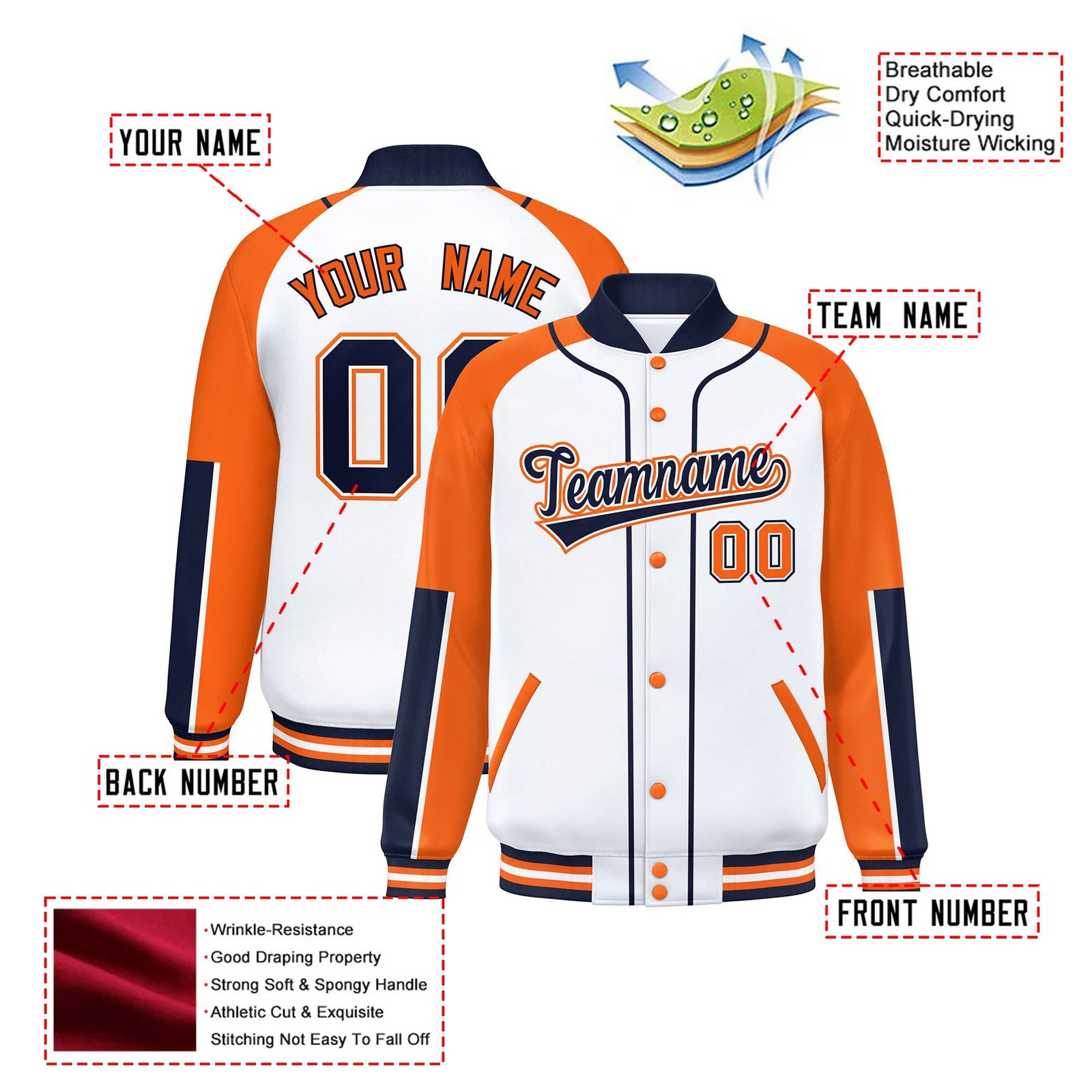 Custom White Orange-Navy Varsity Full-Snap Color Block Letterman Jacket