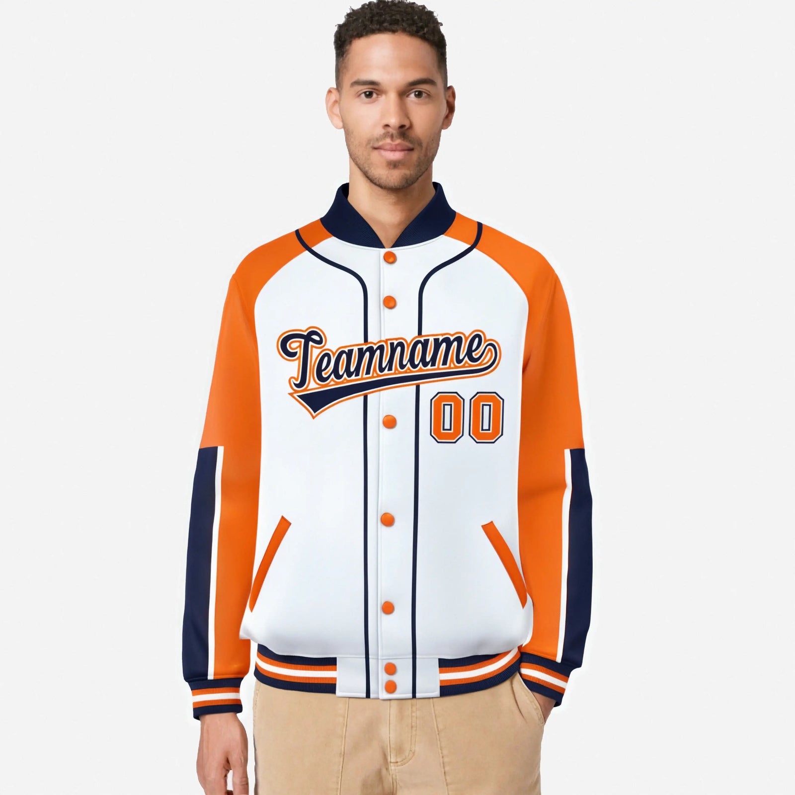 Custom White Orange-Navy Varsity Full-Snap Color Block Letterman Jacket