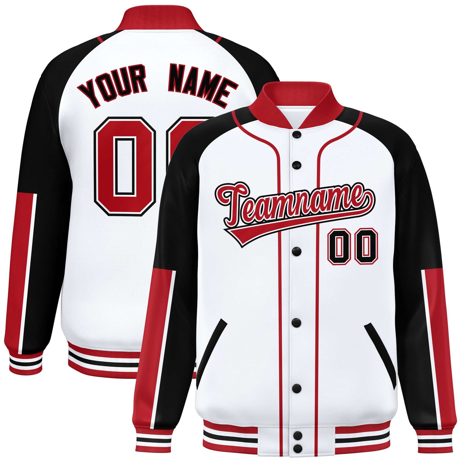 Custom White Black-Red Varsity Full-Snap Color Block Letterman Jacket