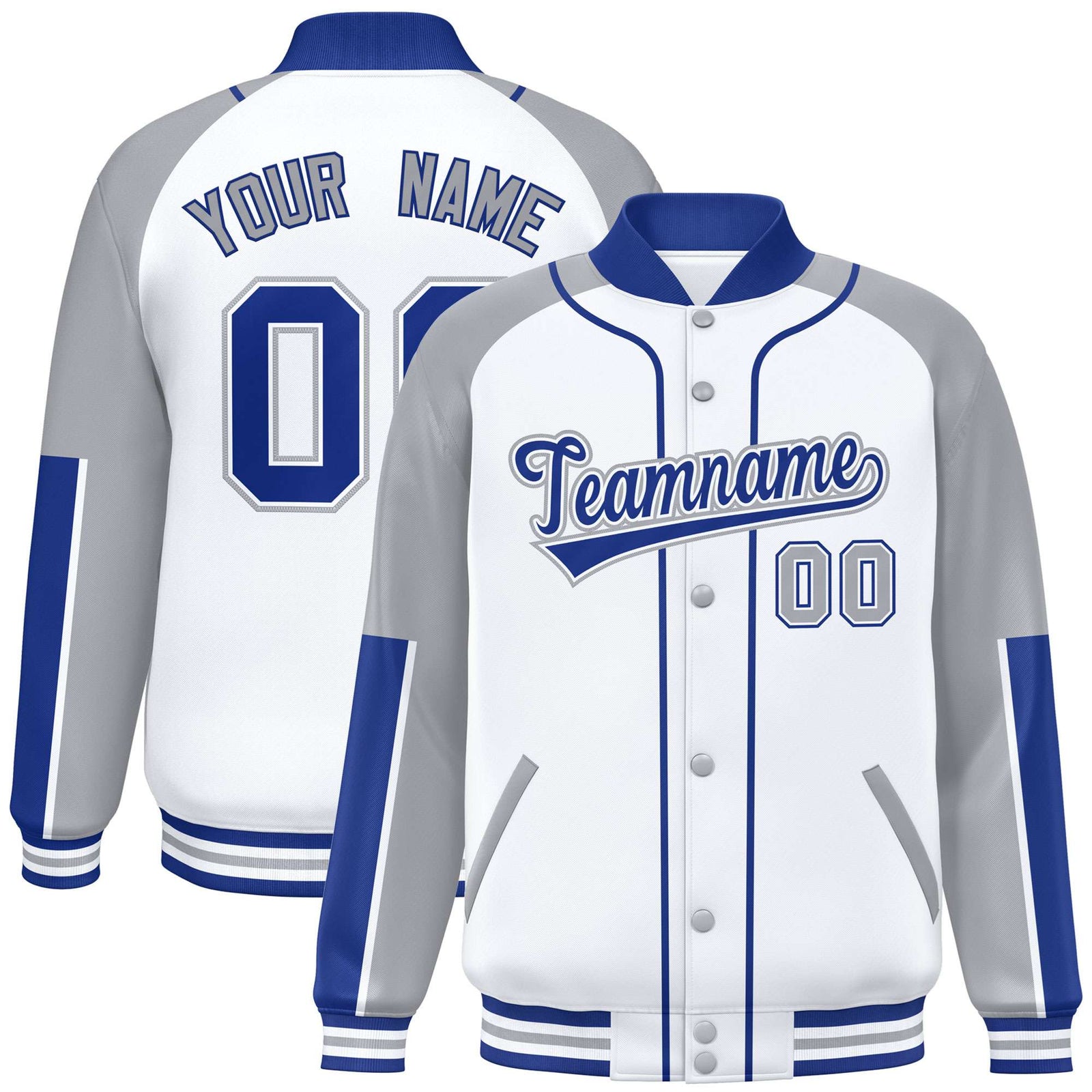 Custom White Gray-Royal Blue Varsity Full-Snap Color Block Letterman Jacket