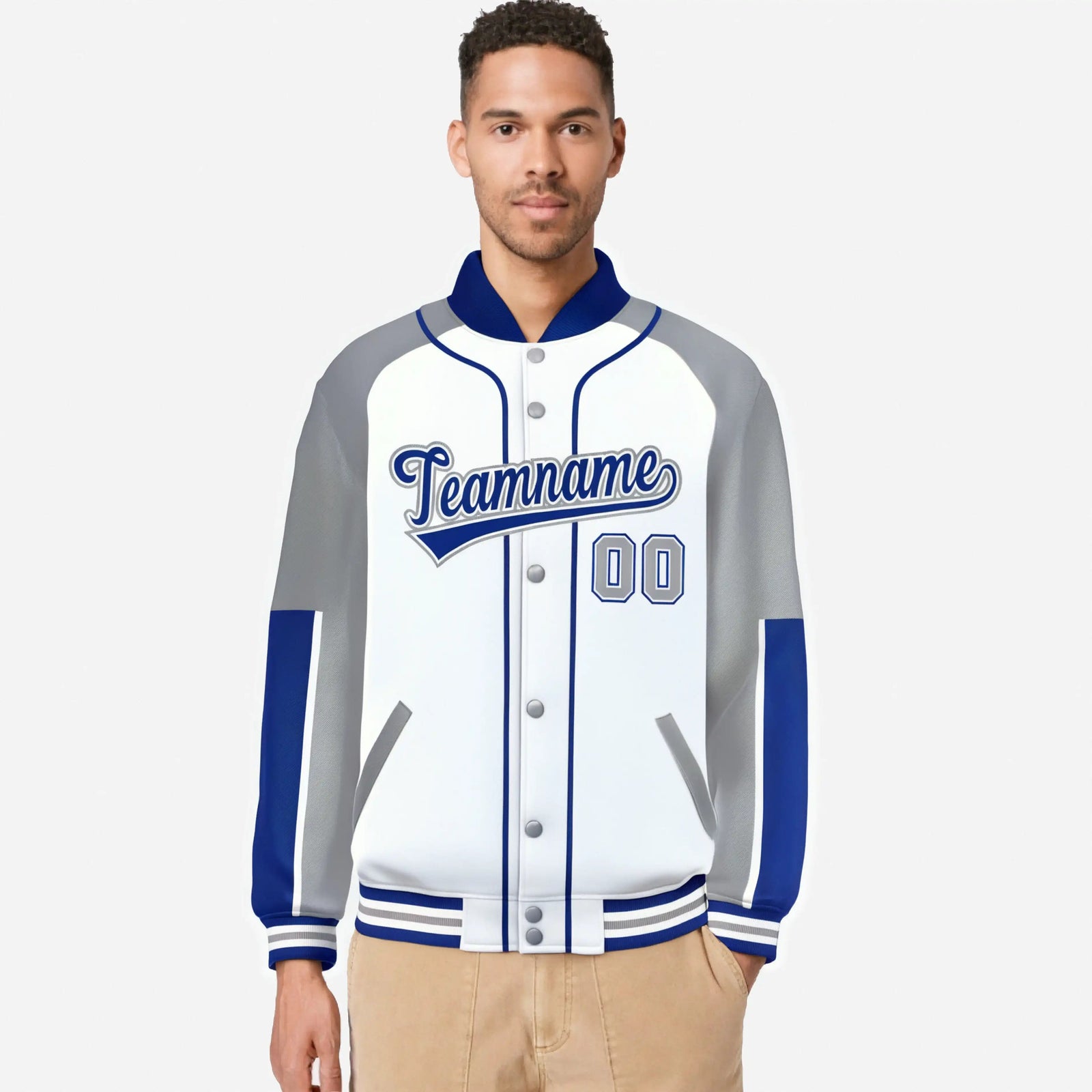 Custom White Gray-Royal Blue Varsity Full-Snap Color Block Letterman Jacket