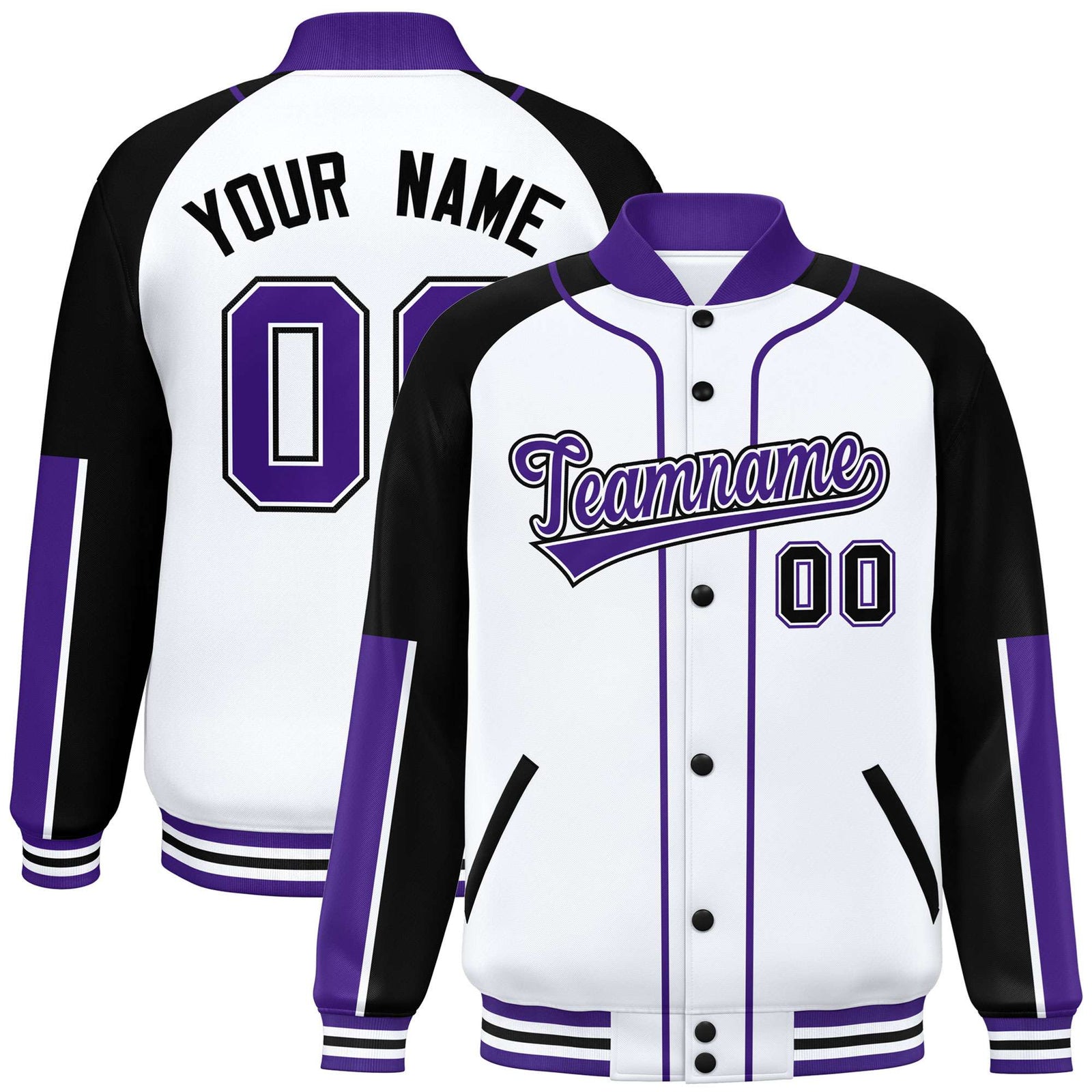 Custom White Black-Purple Varsity Full-Snap Color Block Letterman Jacket