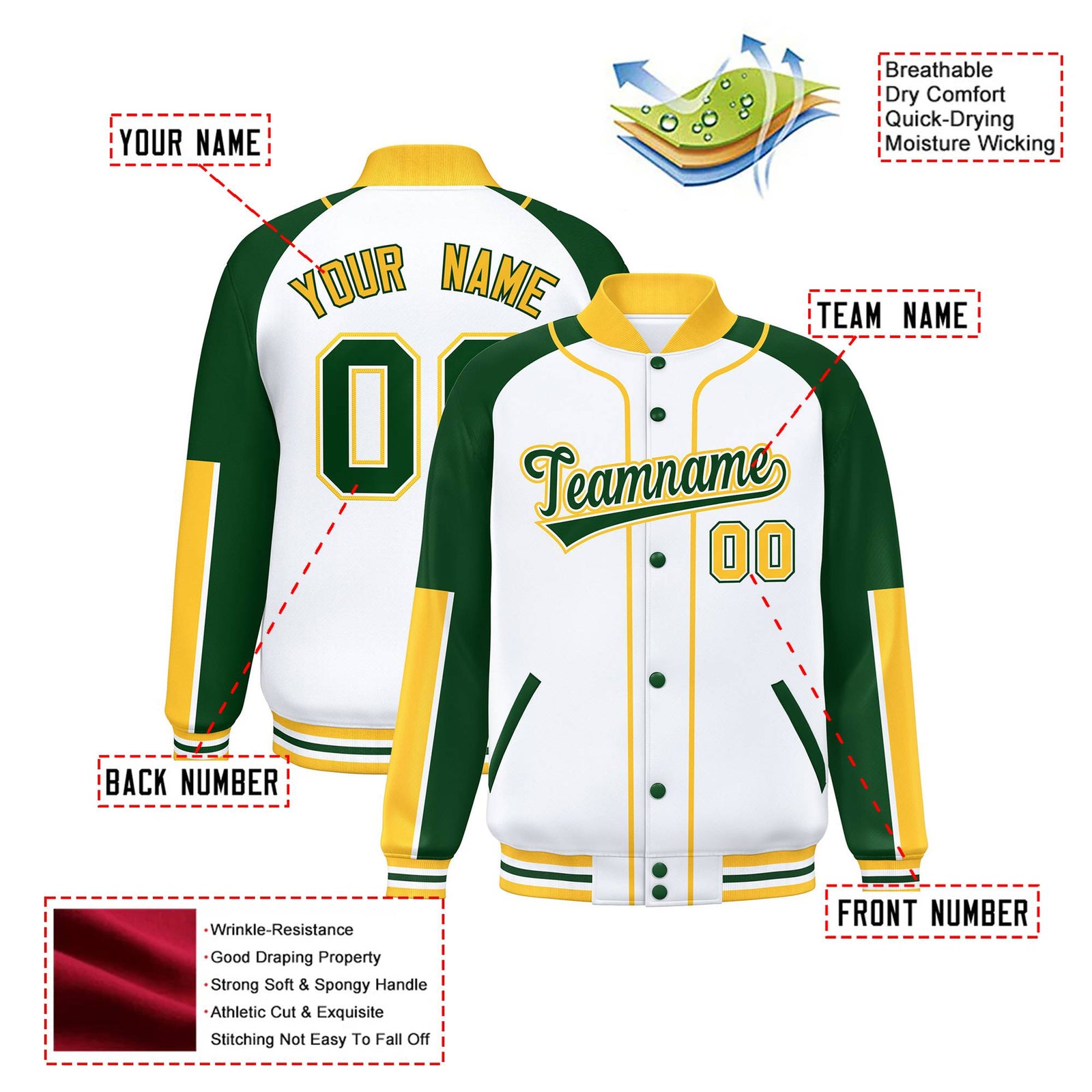Custom White Green-Gold Varsity Full-Snap Color Block Letterman Jacket
