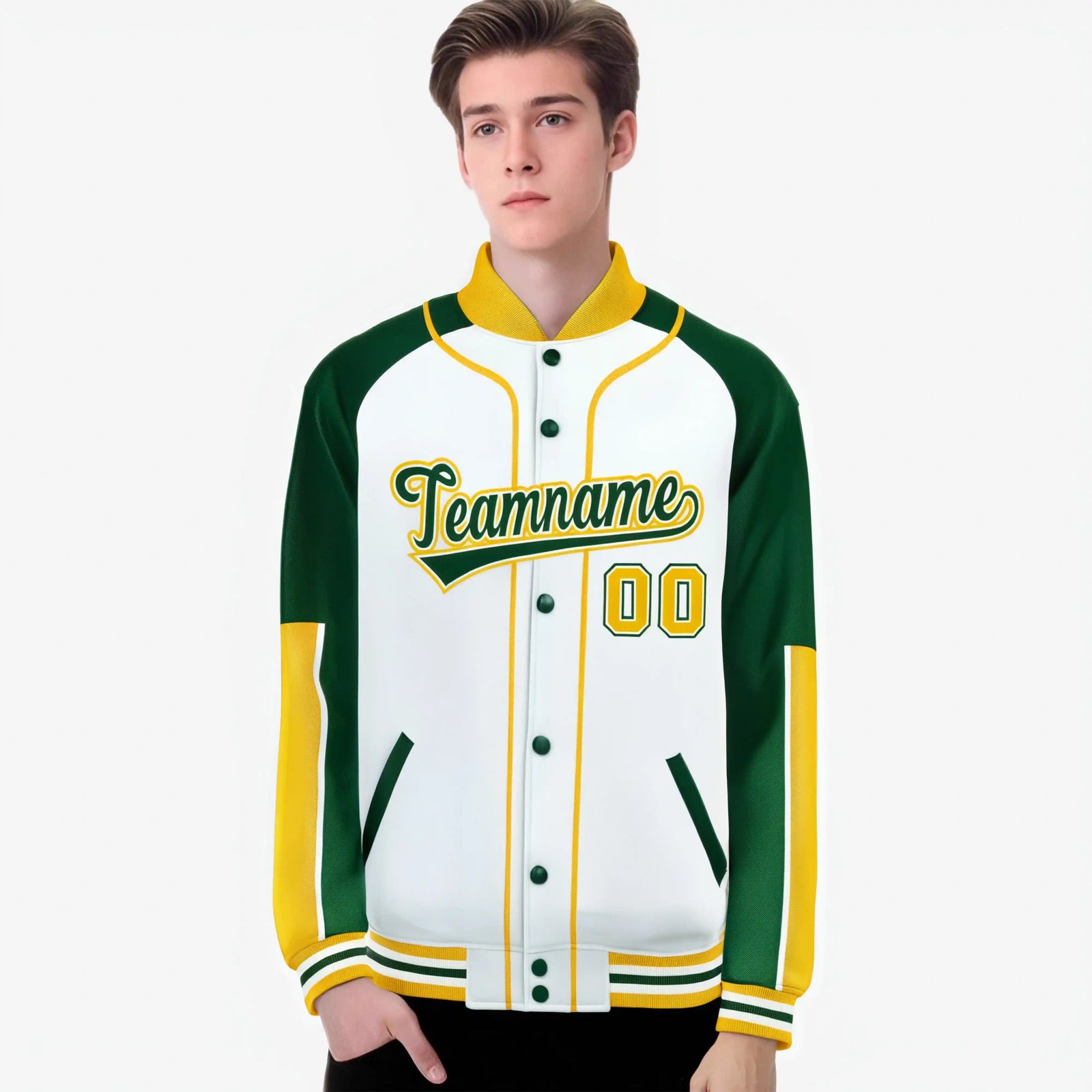 Custom White Green-Gold Varsity Full-Snap Color Block Letterman Jacket