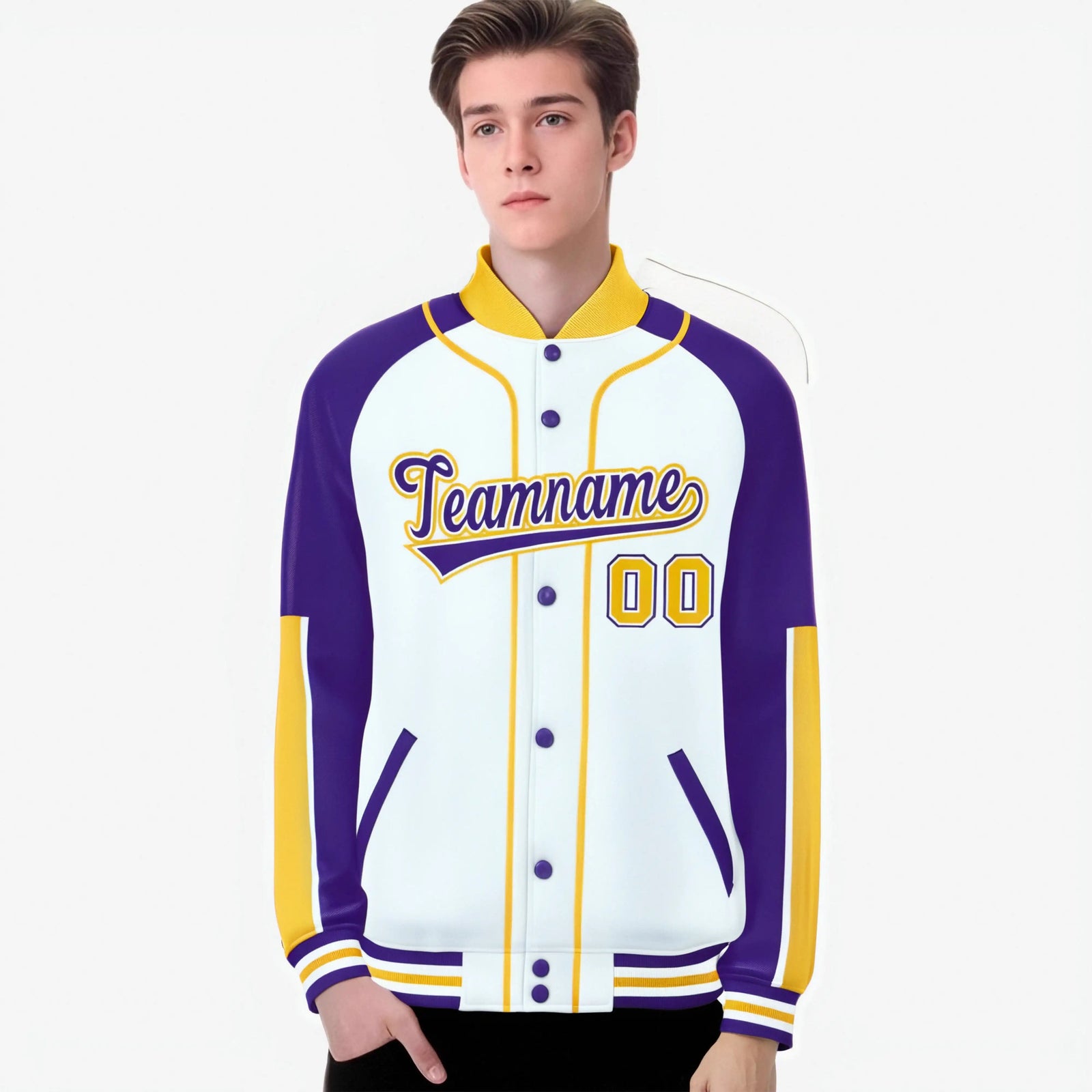 Custom White Purple-Gold Varsity Full-Snap Color Block Letterman Jacket