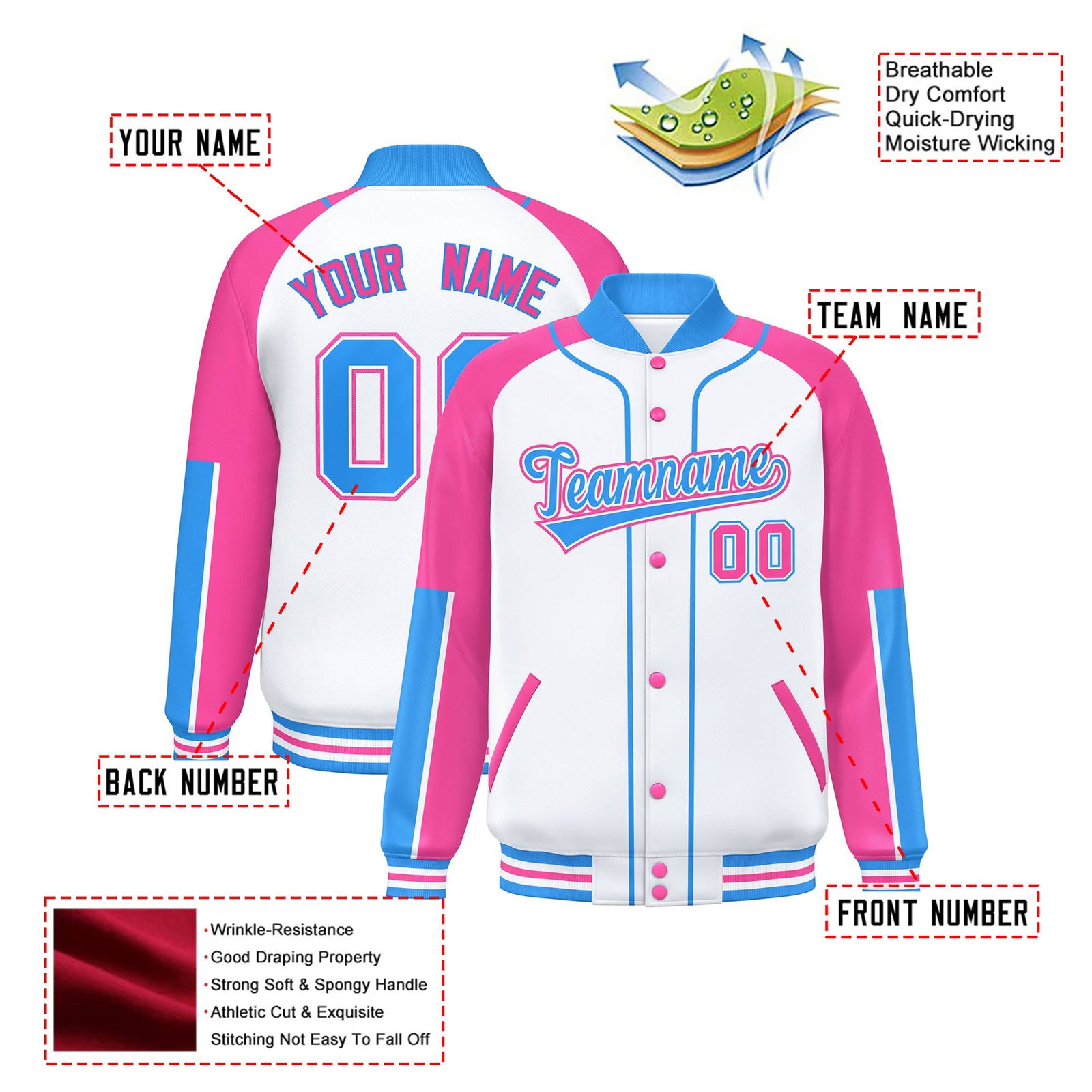 Custom White Pink-Powder Blue Varsity Full-Snap Color Block Letterman Jacket