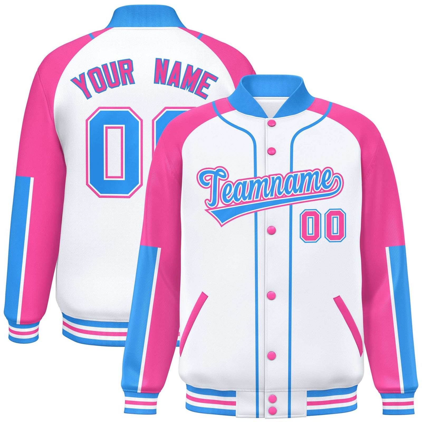 Custom White Pink-Powder Blue Varsity Full-Snap Color Block Letterman Jacket