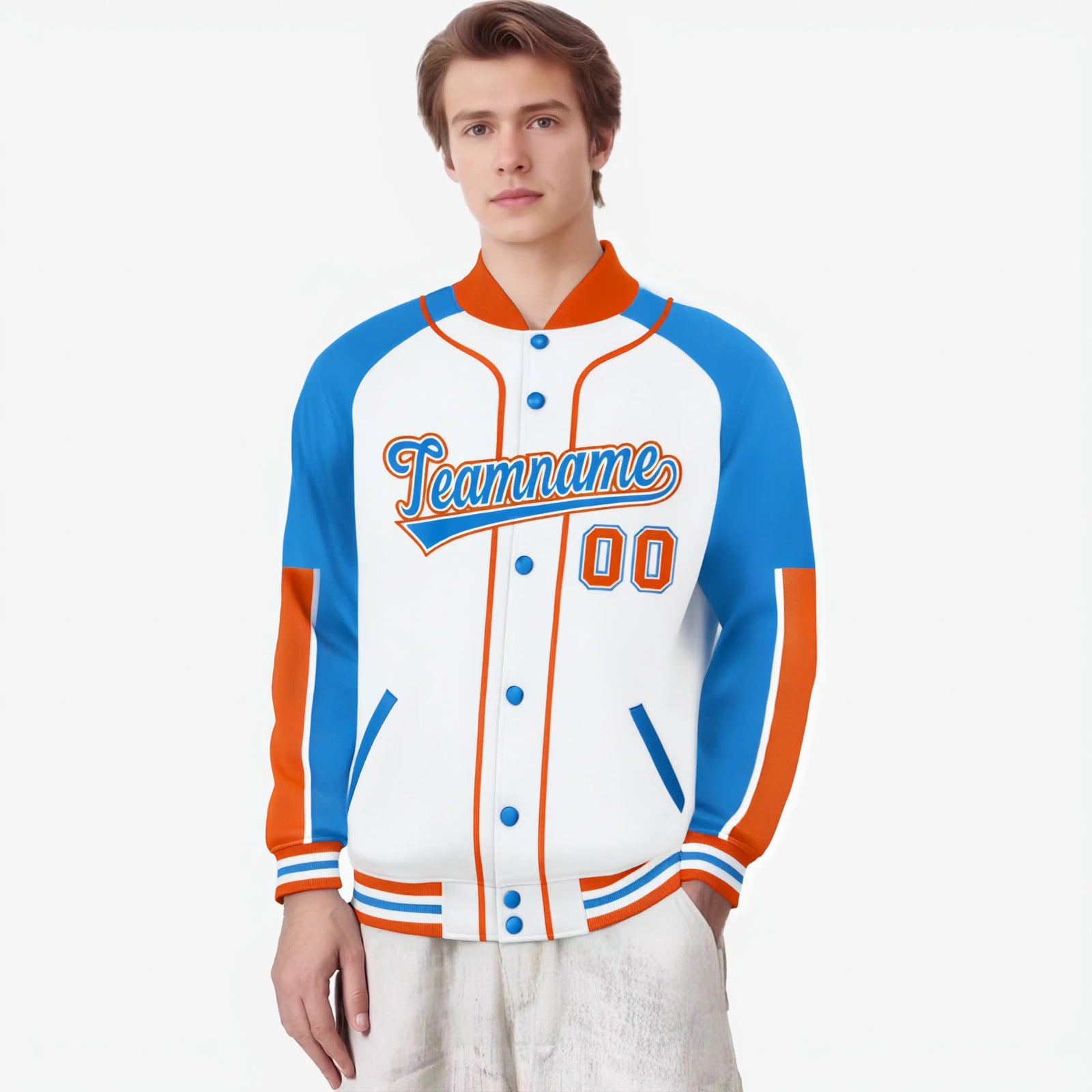 Custom White Powder Blue-Orange Varsity Full-Snap Color Block Letterman Jacket