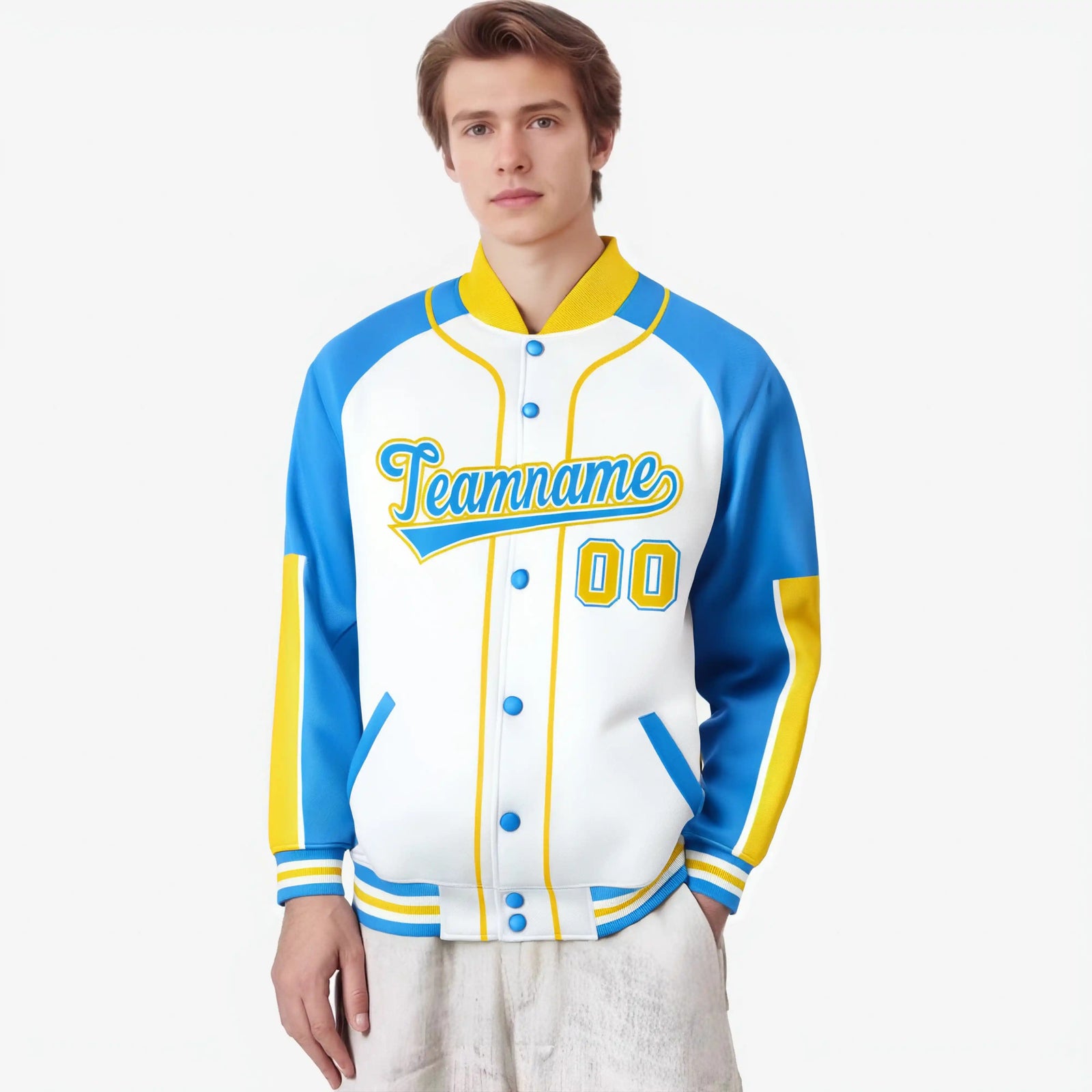 Custom White Powder Blue-Gold Varsity Full-Snap Color Block Letterman Jacket