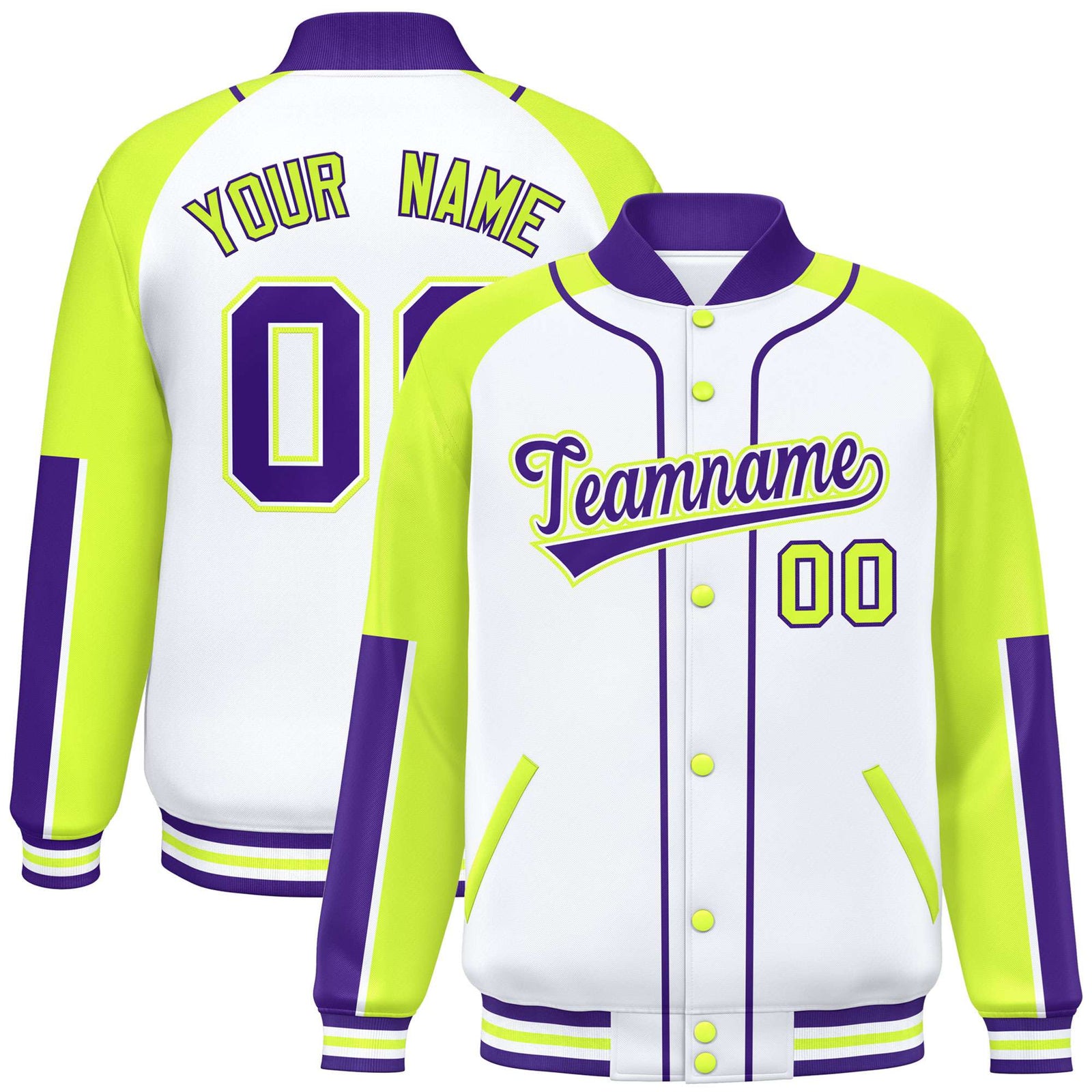 Custom White Fluorescent Green-Purple Varsity Full-Snap Color Block Letterman Jacket