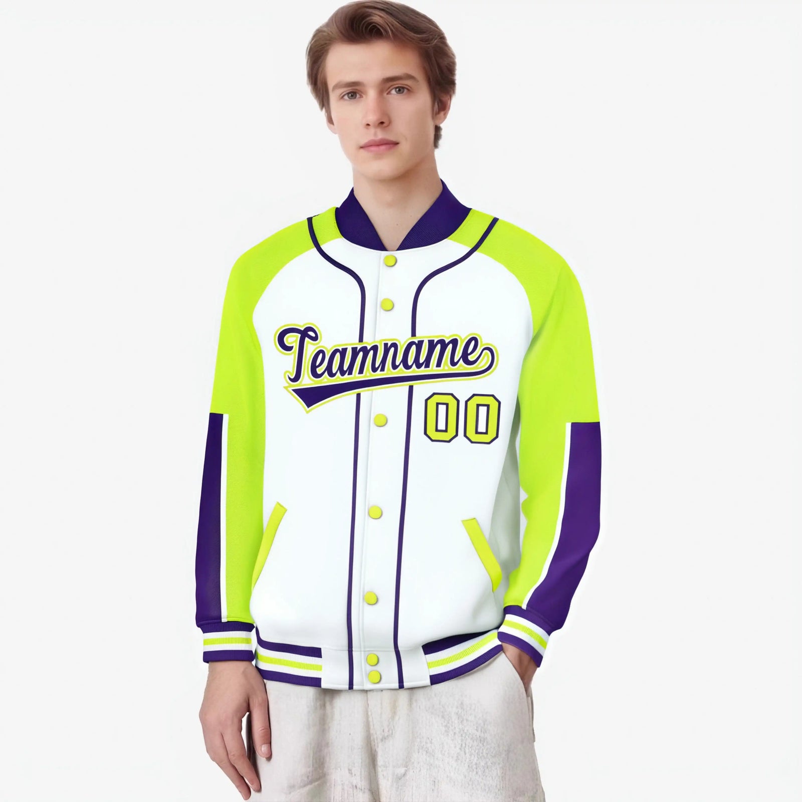 Custom White Fluorescent Green-Purple Varsity Full-Snap Color Block Letterman Jacket