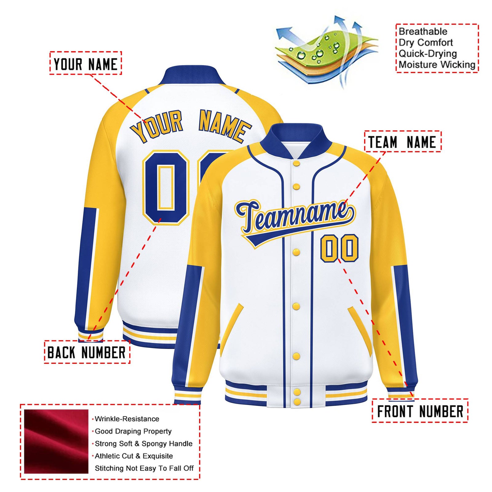 Custom White Gold-Royal Blue Varsity Full-Snap Color Block Letterman Jacket