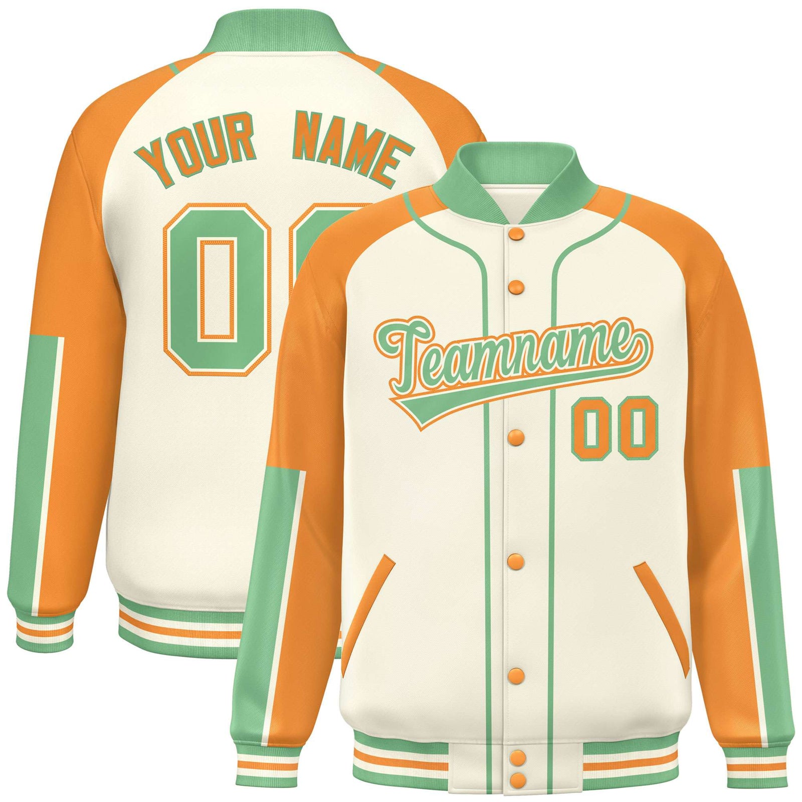 Custom Cream Yellow-Bright green Varsity Full-Snap Color Block Letterman Jacket