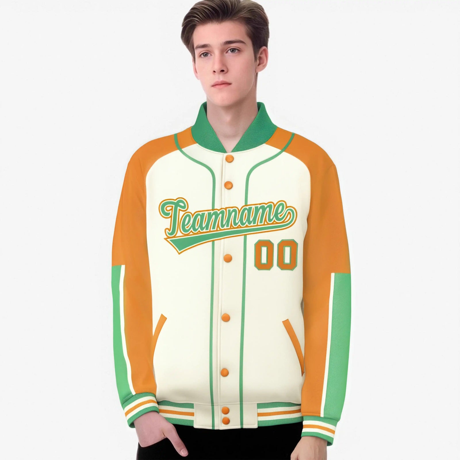 Custom Cream Yellow-Bright green Varsity Full-Snap Color Block Letterman Jacket
