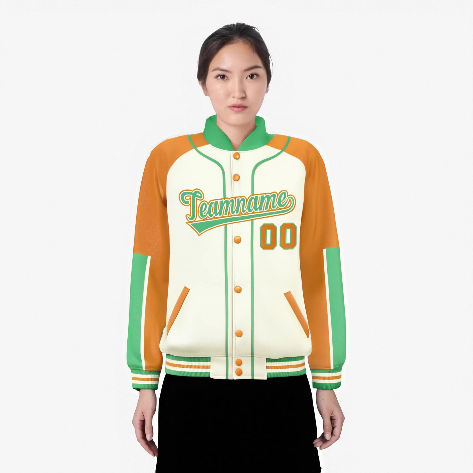 Custom Cream Yellow-Bright green Varsity Full-Snap Color Block Letterman Jacket
