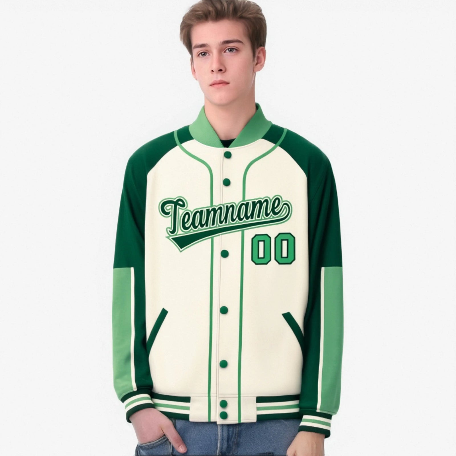Custom Cream Green-Bright green Varsity Full-Snap Color Block Letterman Jacket