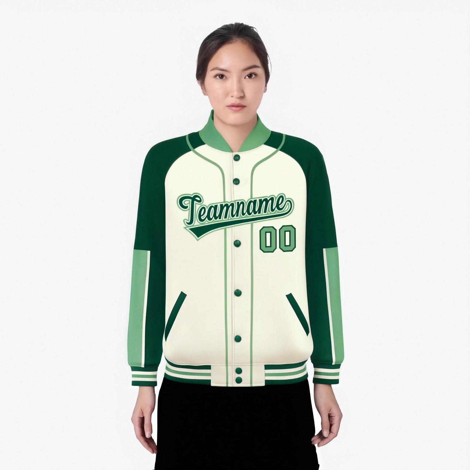 Custom Cream Green-Bright green Varsity Full-Snap Color Block Letterman Jacket
