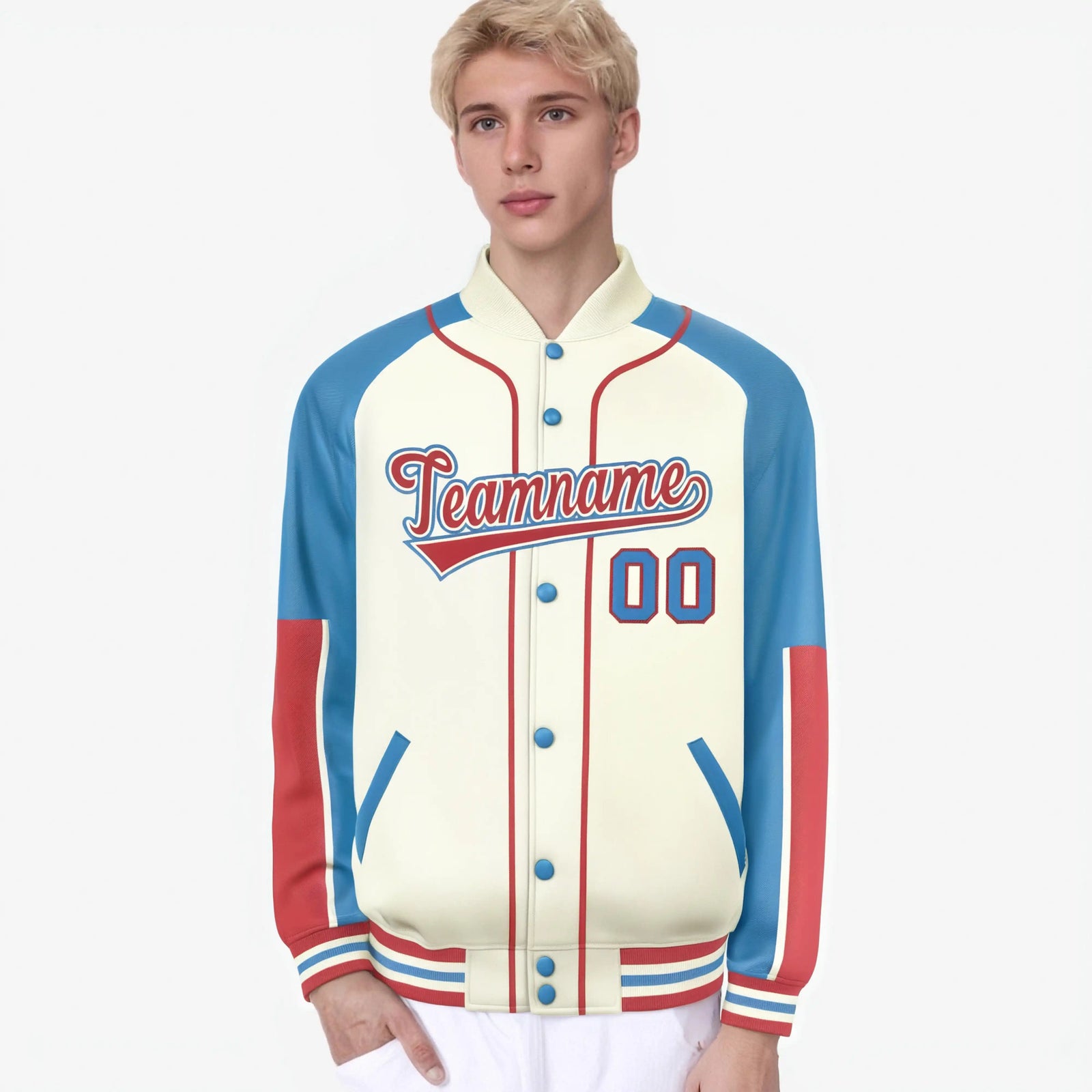 Custom Cream Light Blue-Light Red Varsity Full-Snap Color Block Letterman Jacket