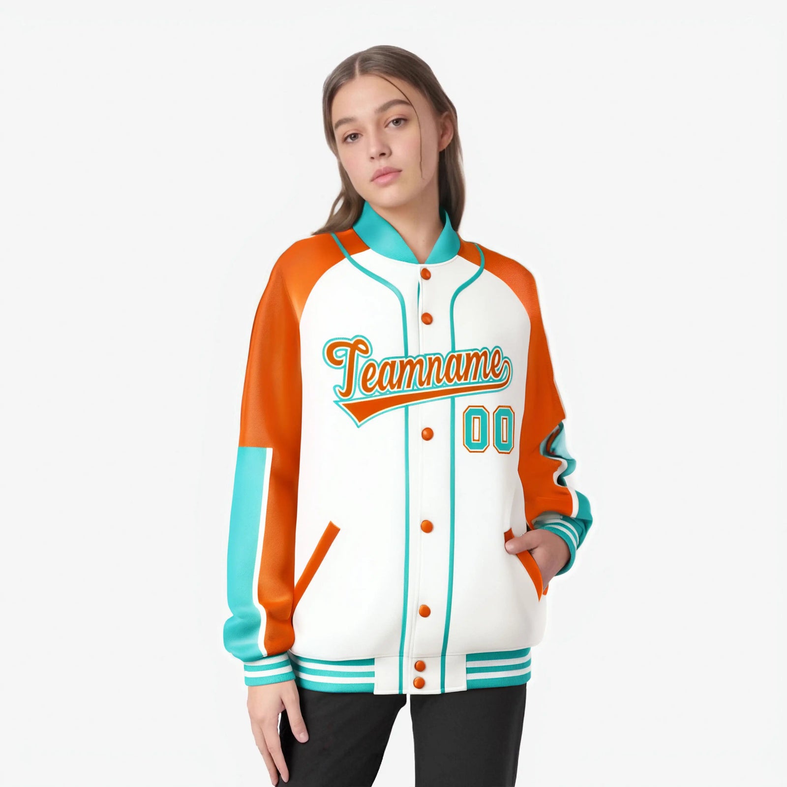 Custom White Orange-Aqua Varsity Full-Snap Color Block Letterman Jacket