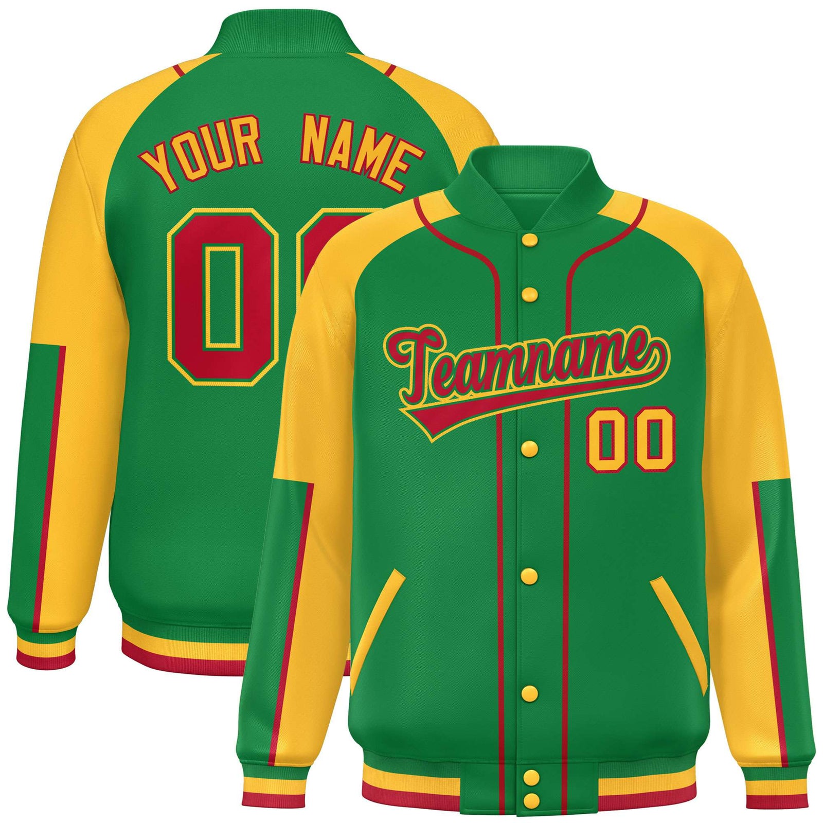 Custom Kelly Green Gold-Kelly Green Varsity Full-Snap Color Block Letterman Jacket
