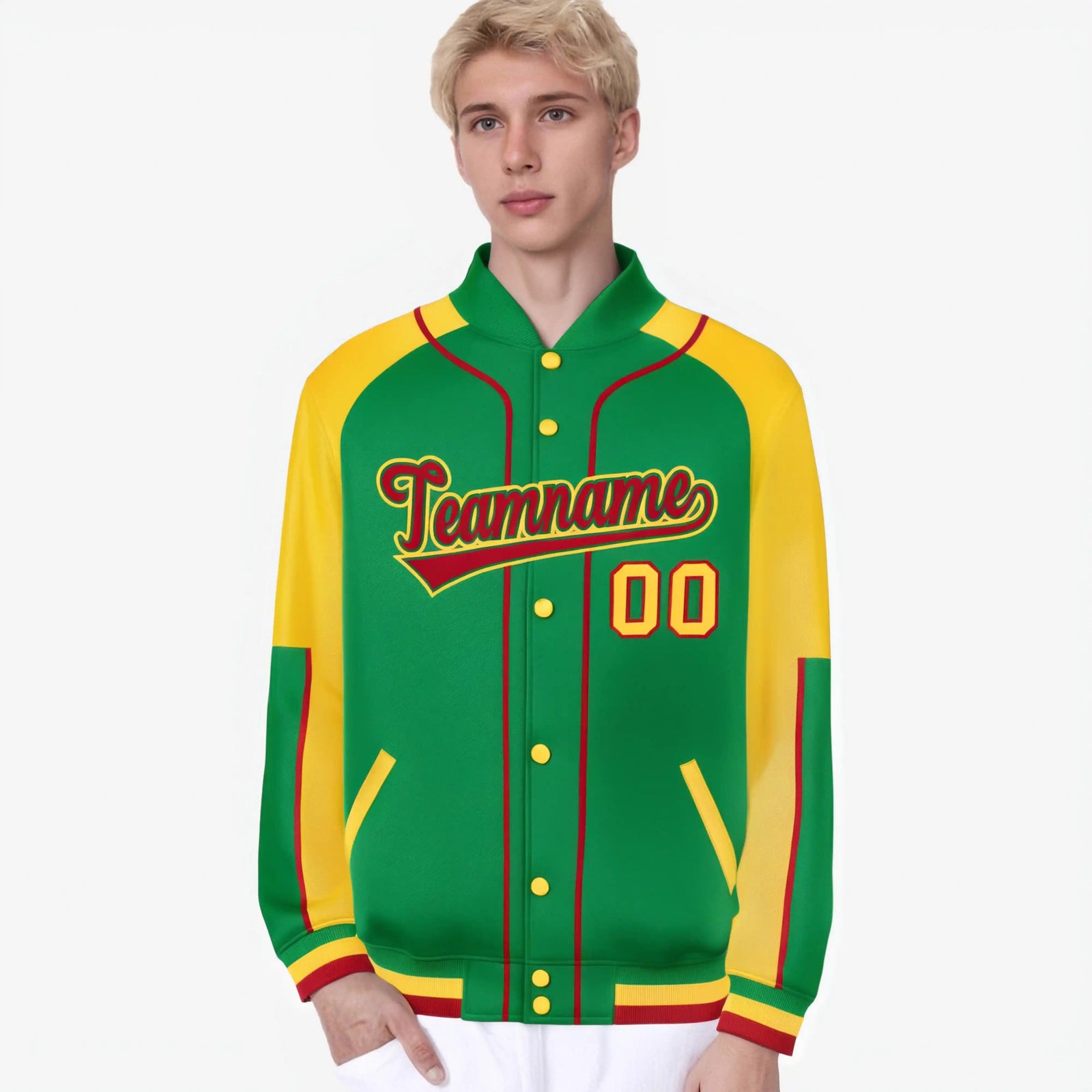 Custom Kelly Green Gold-Kelly Green Varsity Full-Snap Color Block Letterman Jacket
