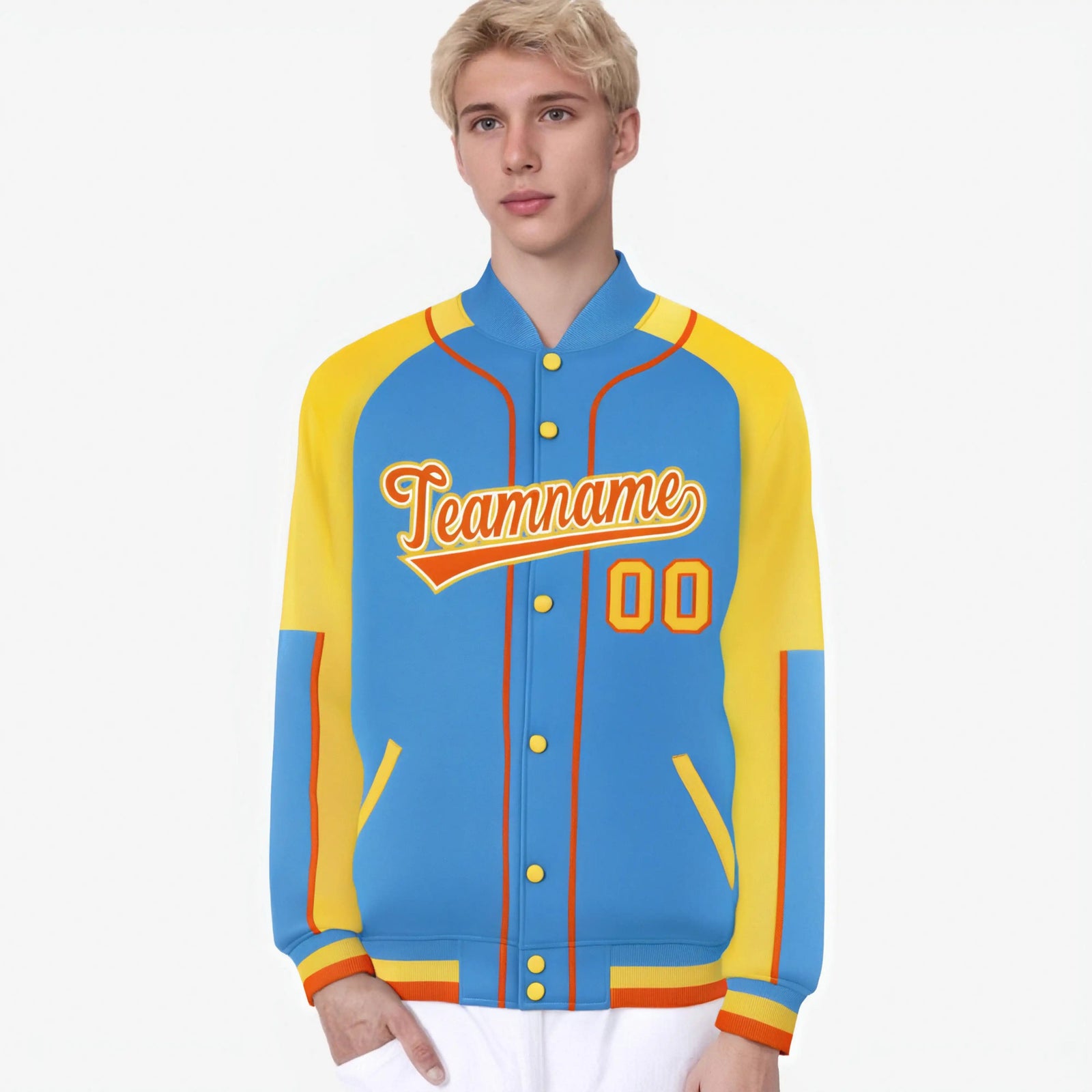 Custom Powder Blue Gold-Powder Blue Varsity Full-Snap Color Block Letterman Jacket