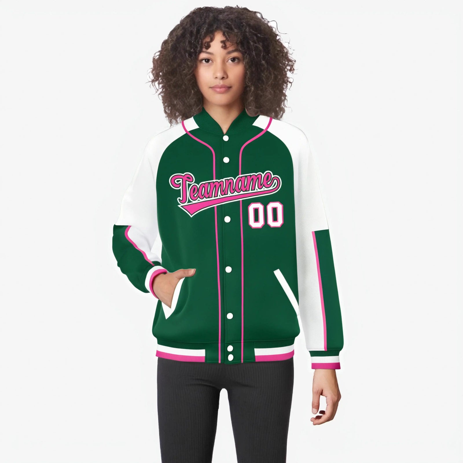 Custom Green White-Green Varsity Full-Snap Color Block Letterman Jacket