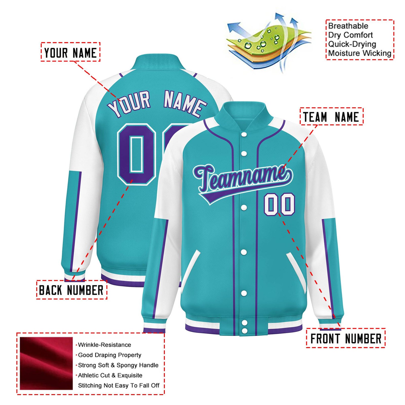 Custom Aqua White-Aqua Varsity Full-Snap Color Block Letterman Jacket