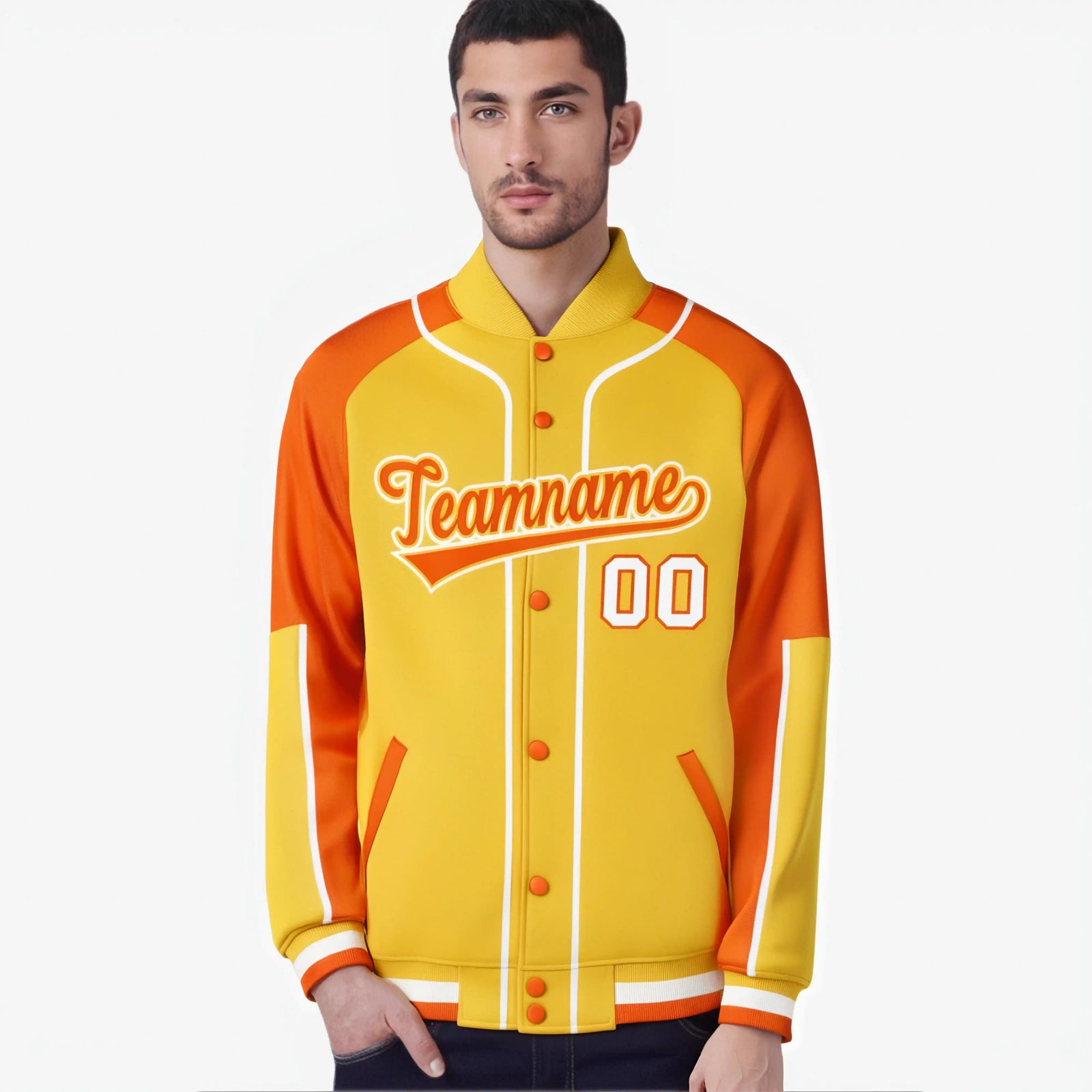 Custom Gold Blue Orange-Gold Varsity Full-Snap Color Block Letterman Jacket