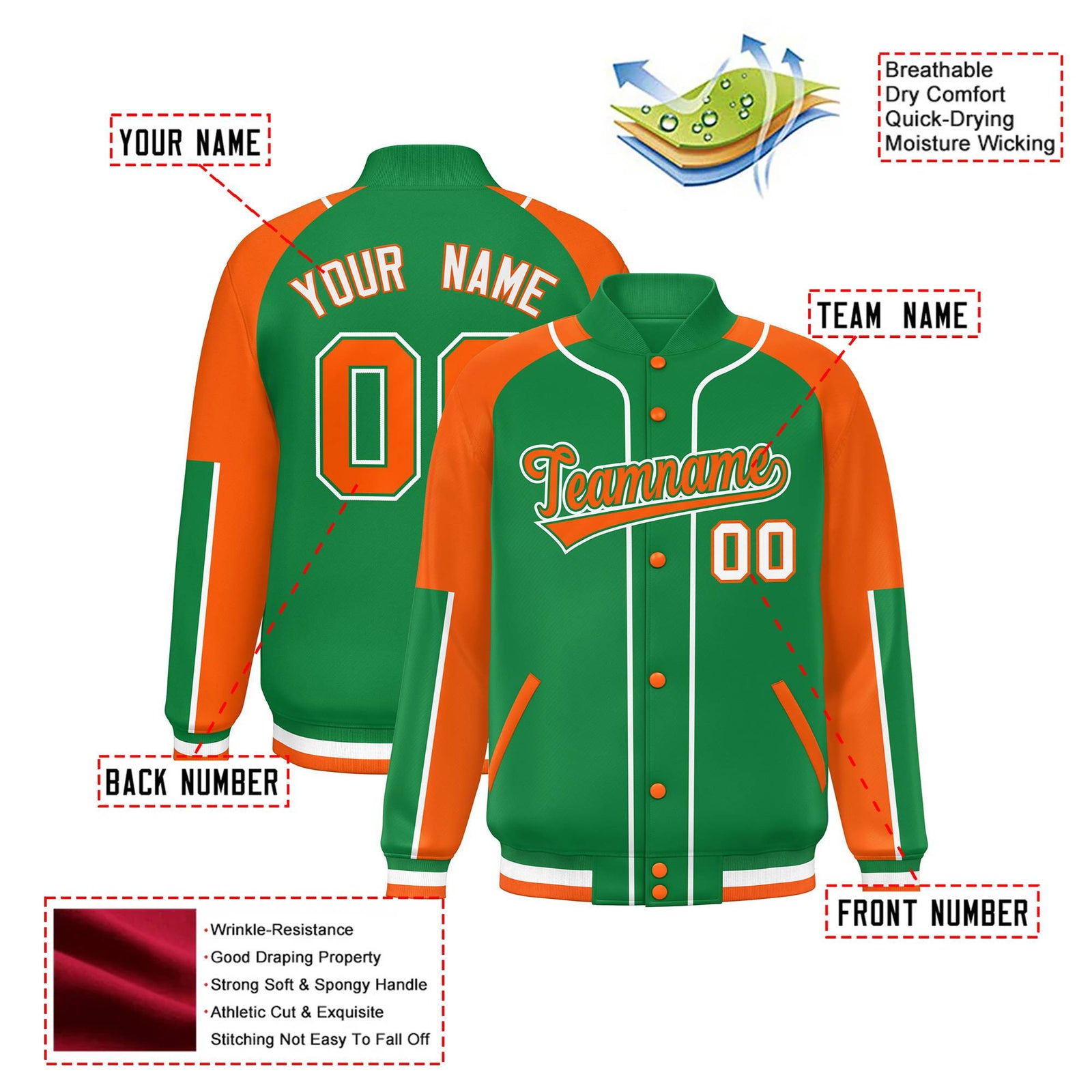 Custom Kelly Green Orange-Kelly Green Varsity Full-Snap Color Block Letterman Jacket