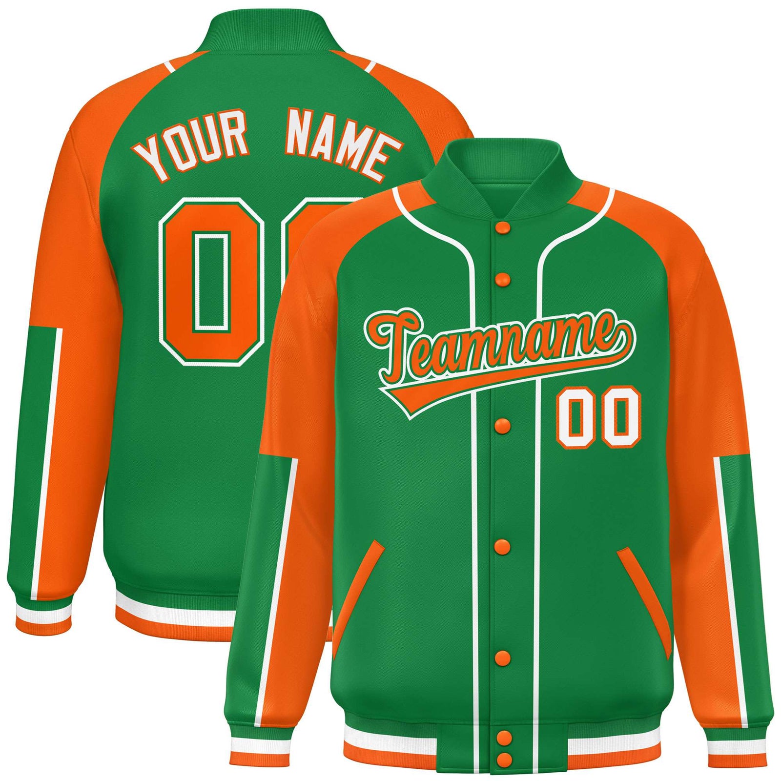Custom Kelly Green Orange-Kelly Green Varsity Full-Snap Color Block Letterman Jacket