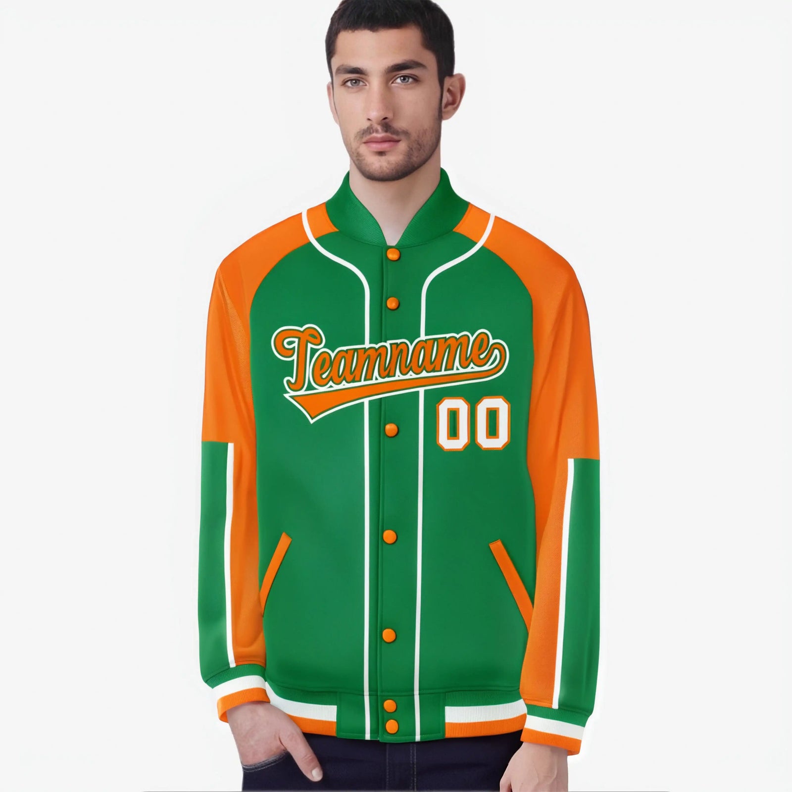 Custom Kelly Green Orange-Kelly Green Varsity Full-Snap Color Block Letterman Jacket