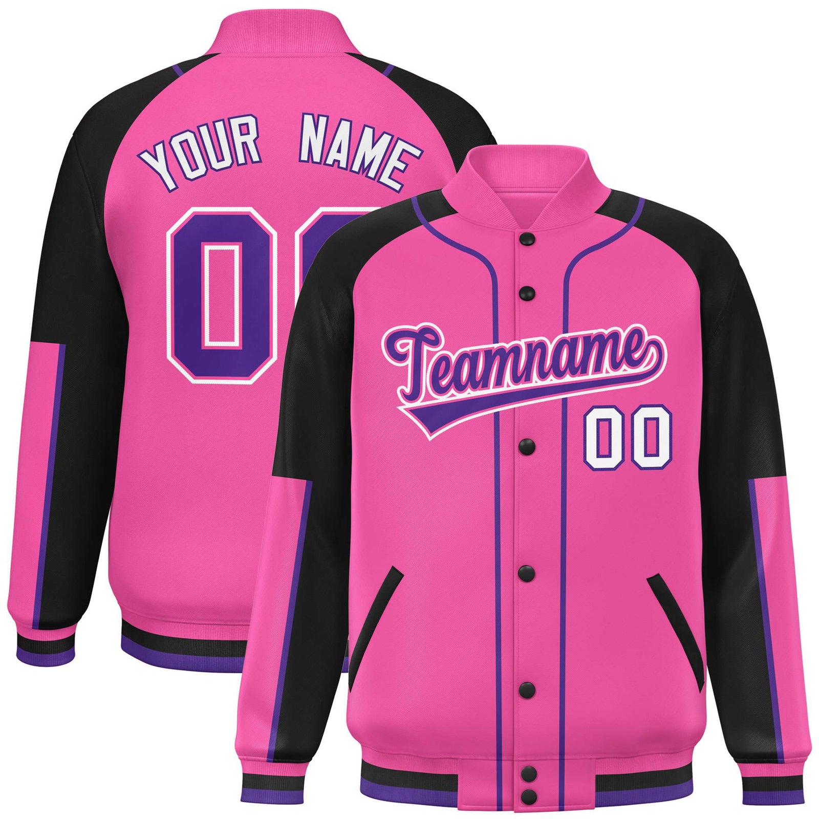 Custom Pink Black-Pink Varsity Full-Snap Color Block Letterman Jacket