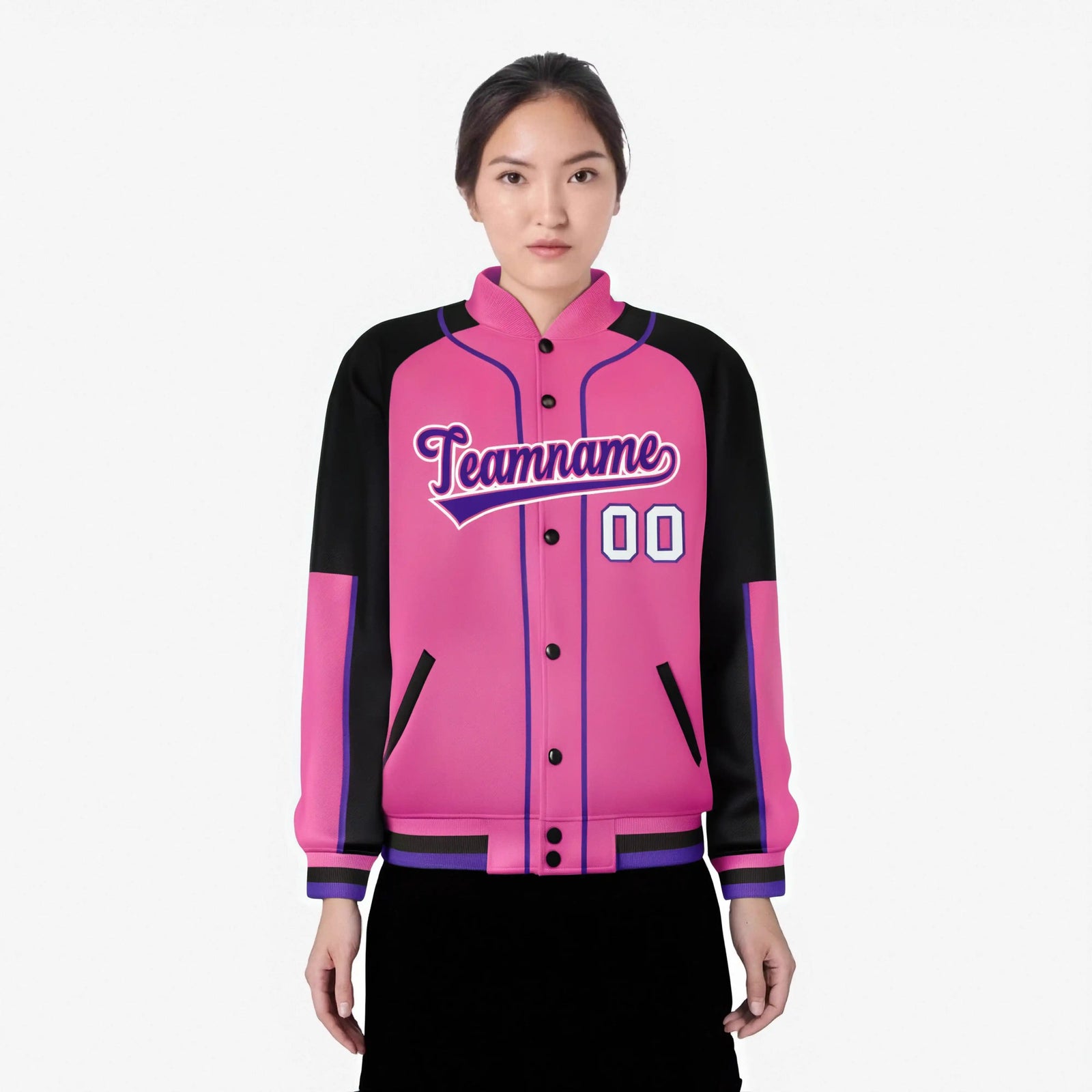 Custom Pink Black-Pink Varsity Full-Snap Color Block Letterman Jacket