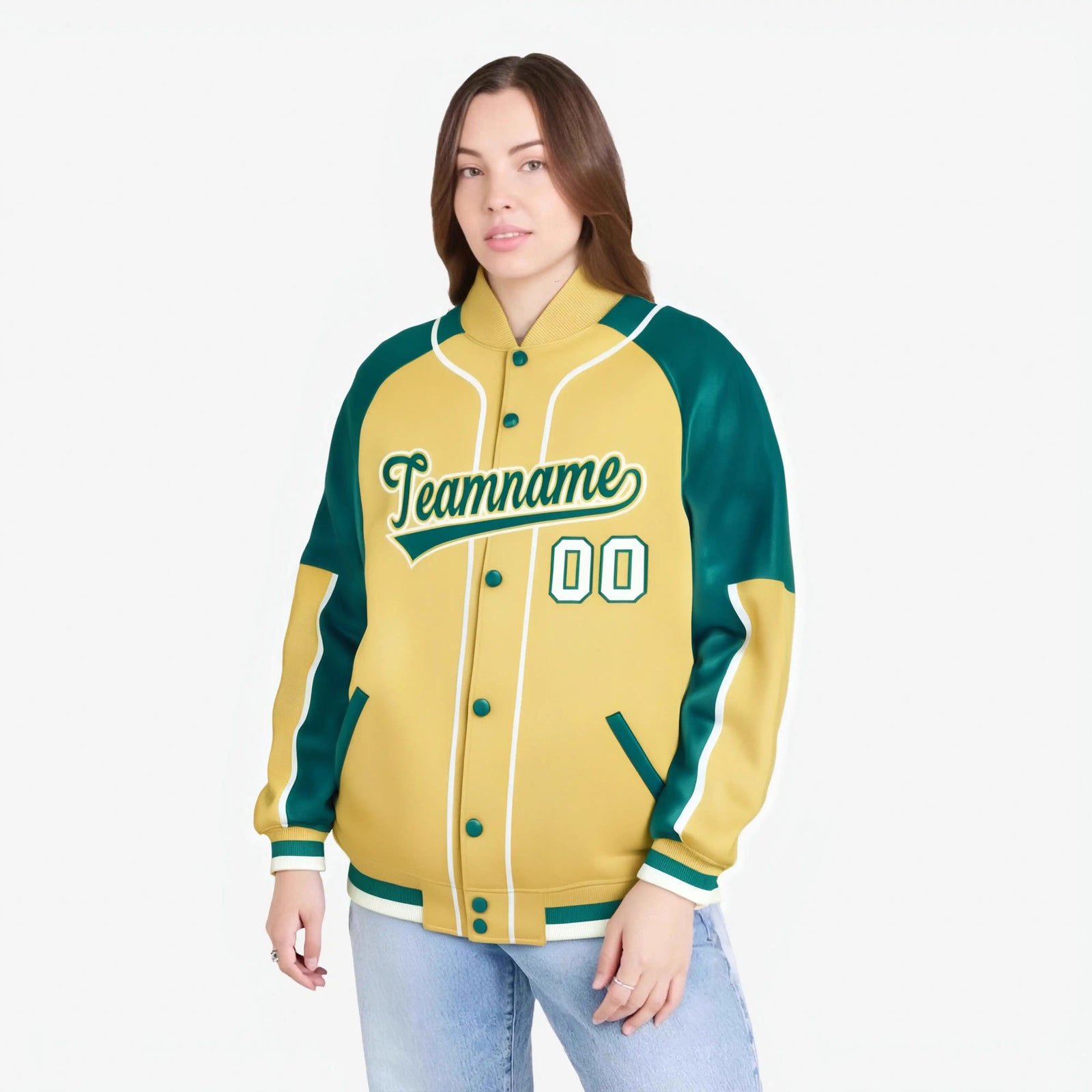 Custom Khaki Aqua-Khaki Varsity Full-Snap Color Block Letterman Jacket