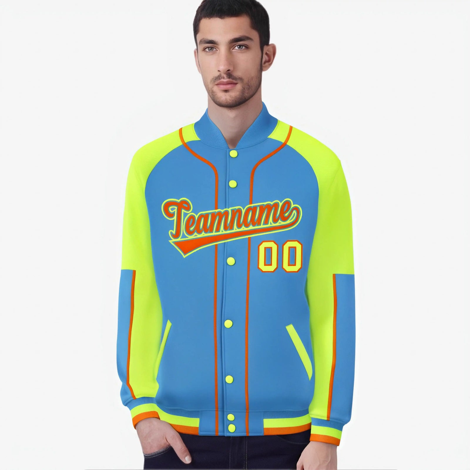 Custom Powder Blue Fluorescent Green-Powder Blue Varsity Full-Snap Color Block Letterman Jacket