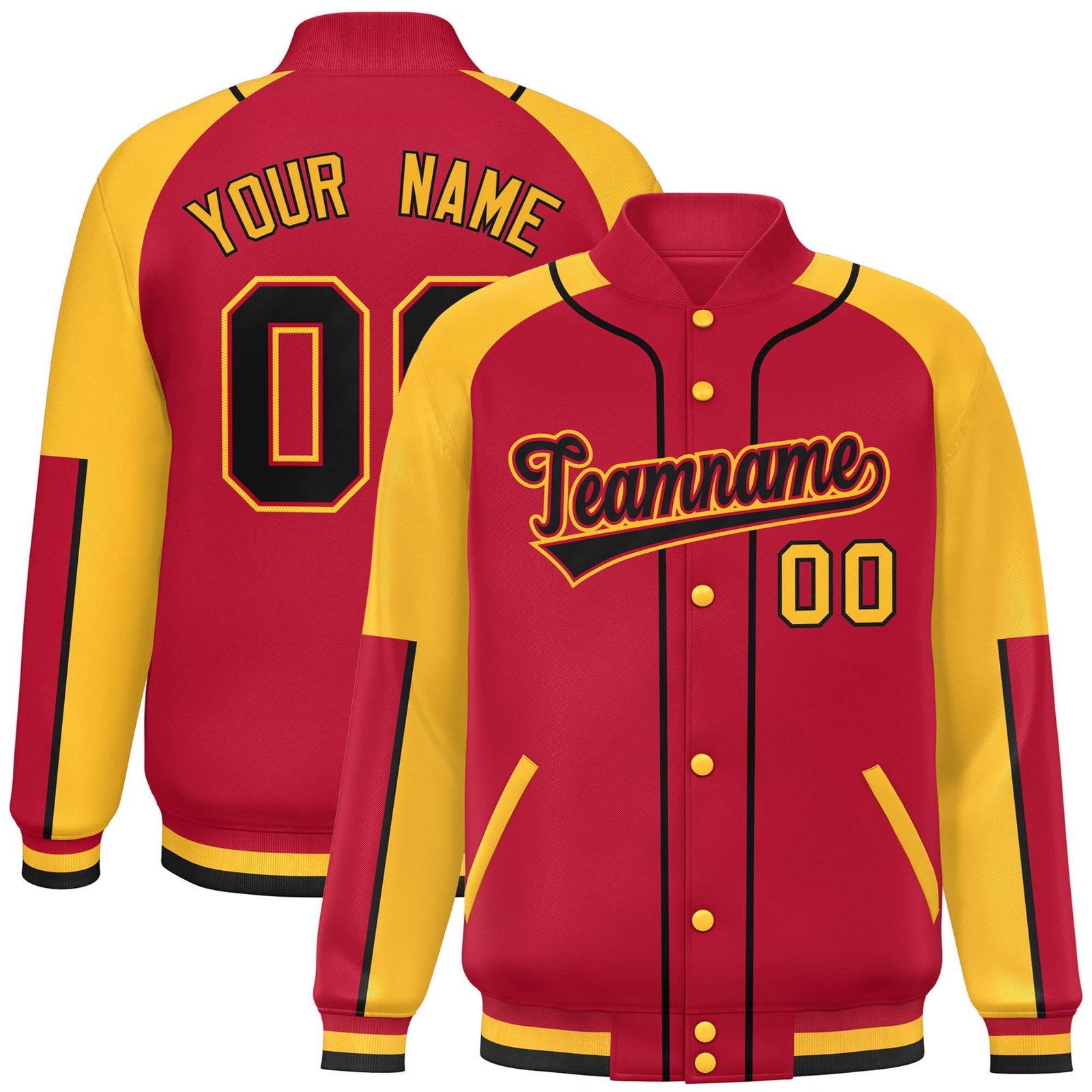 Custom Red Yellow-Red Varsity Full-Snap Color Block Letterman Jacket