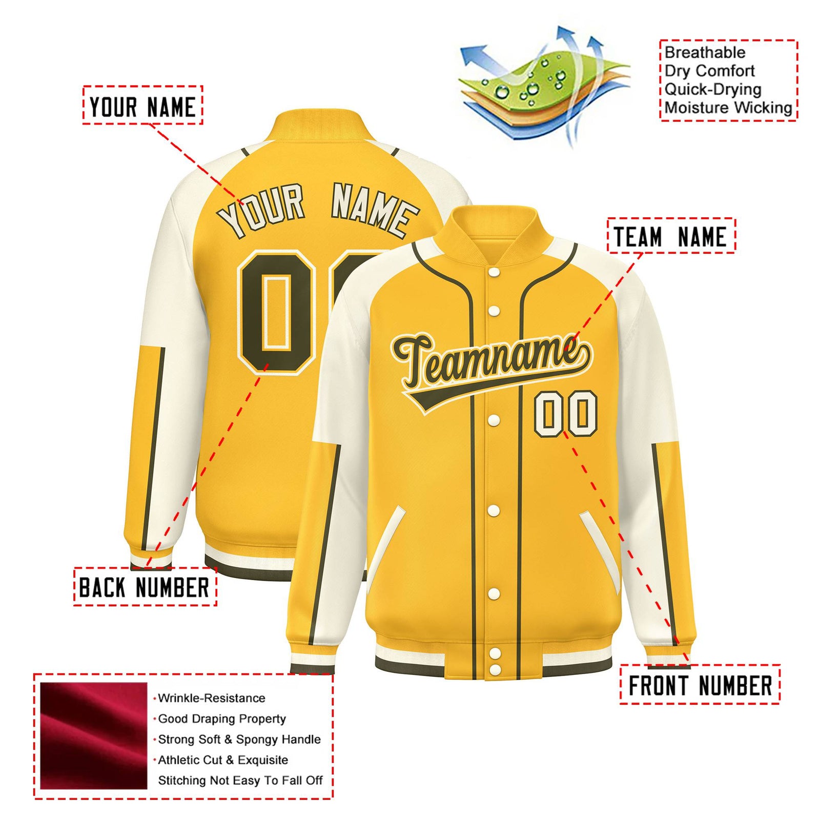 Custom Gold Cream-Gold Varsity Full-Snap Color Block Letterman Jacket