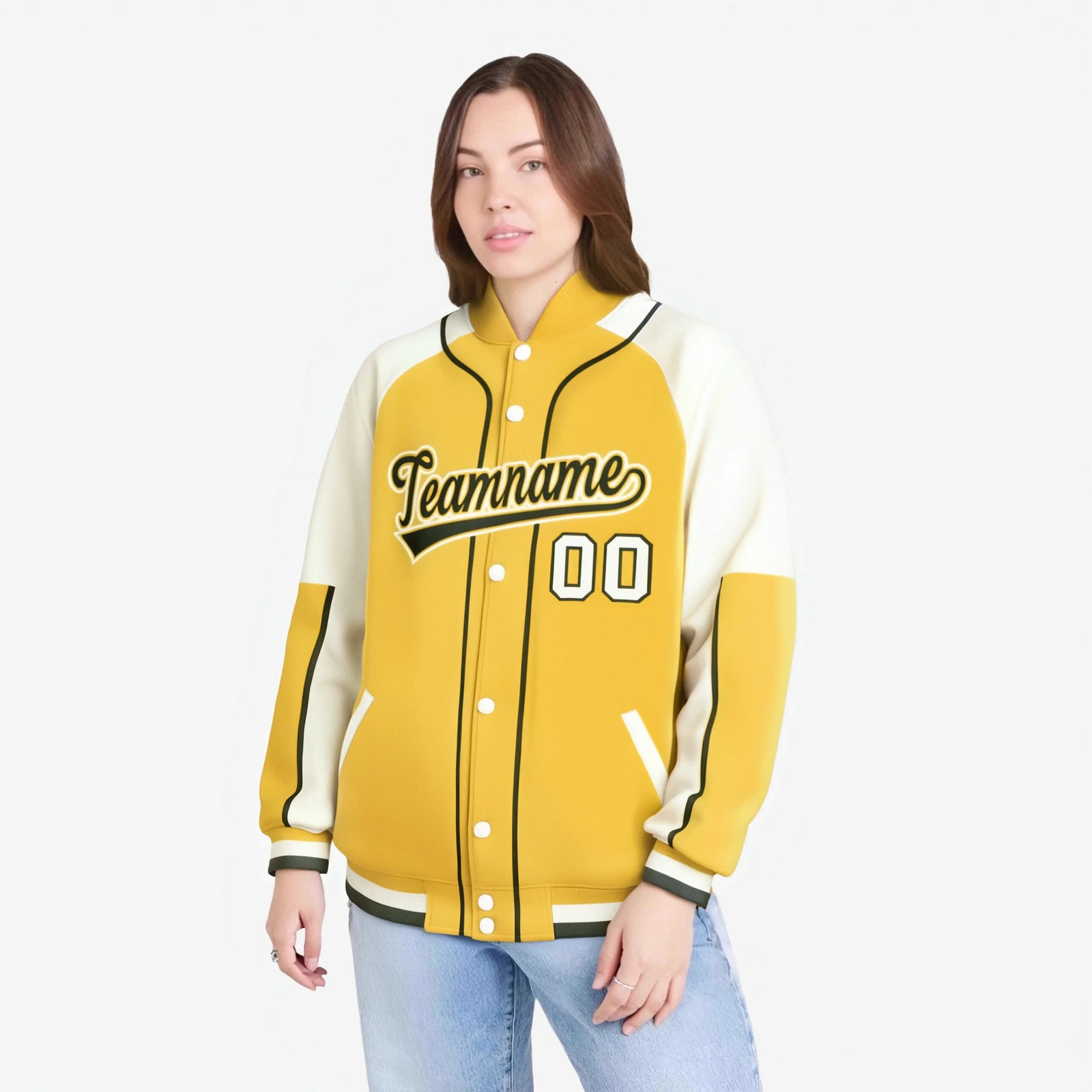 Custom Gold Cream-Gold Varsity Full-Snap Color Block Letterman Jacket