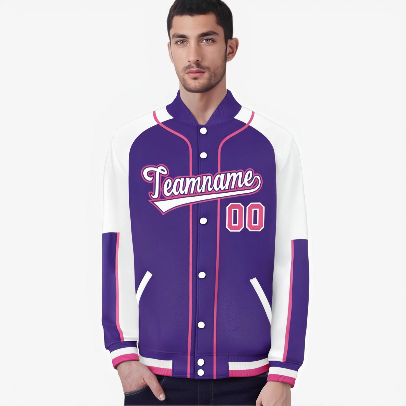 Custom Purple White-Purple Varsity Full-Snap Color Block Letterman Jacket