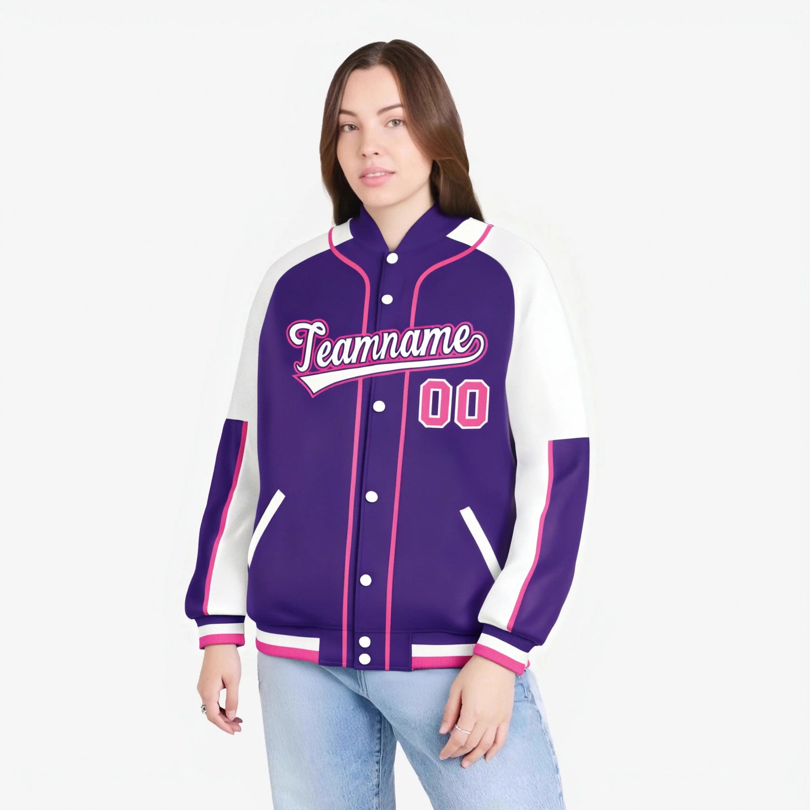 Custom Purple White-Purple Varsity Full-Snap Color Block Letterman Jacket