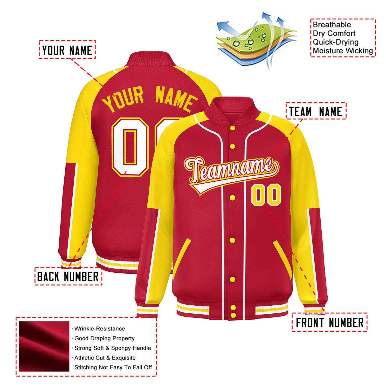 Custom Red Gold-Red Varsity Full-Snap Color Block Letterman Jacket