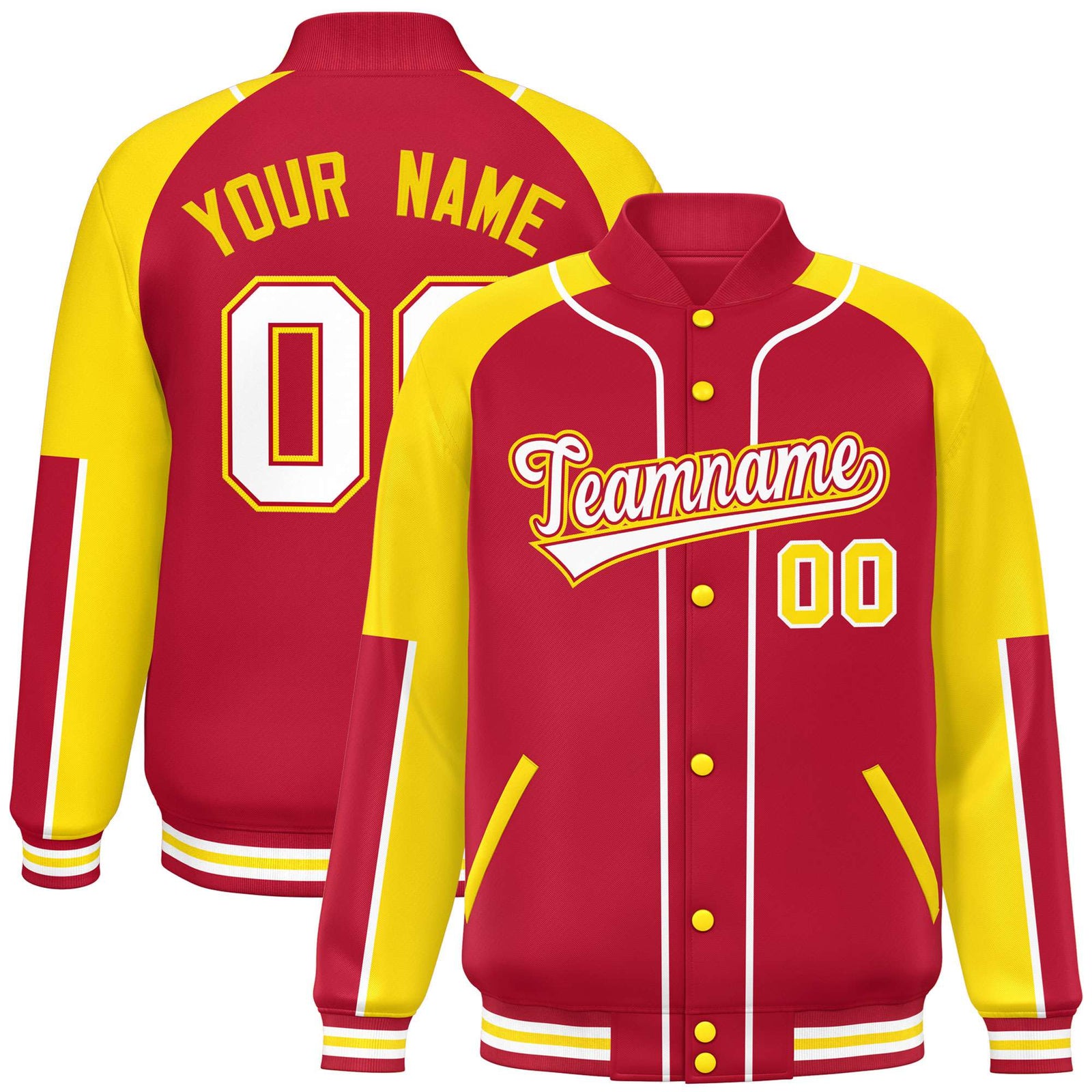 Custom Red Gold-Red Varsity Full-Snap Color Block Letterman Jacket