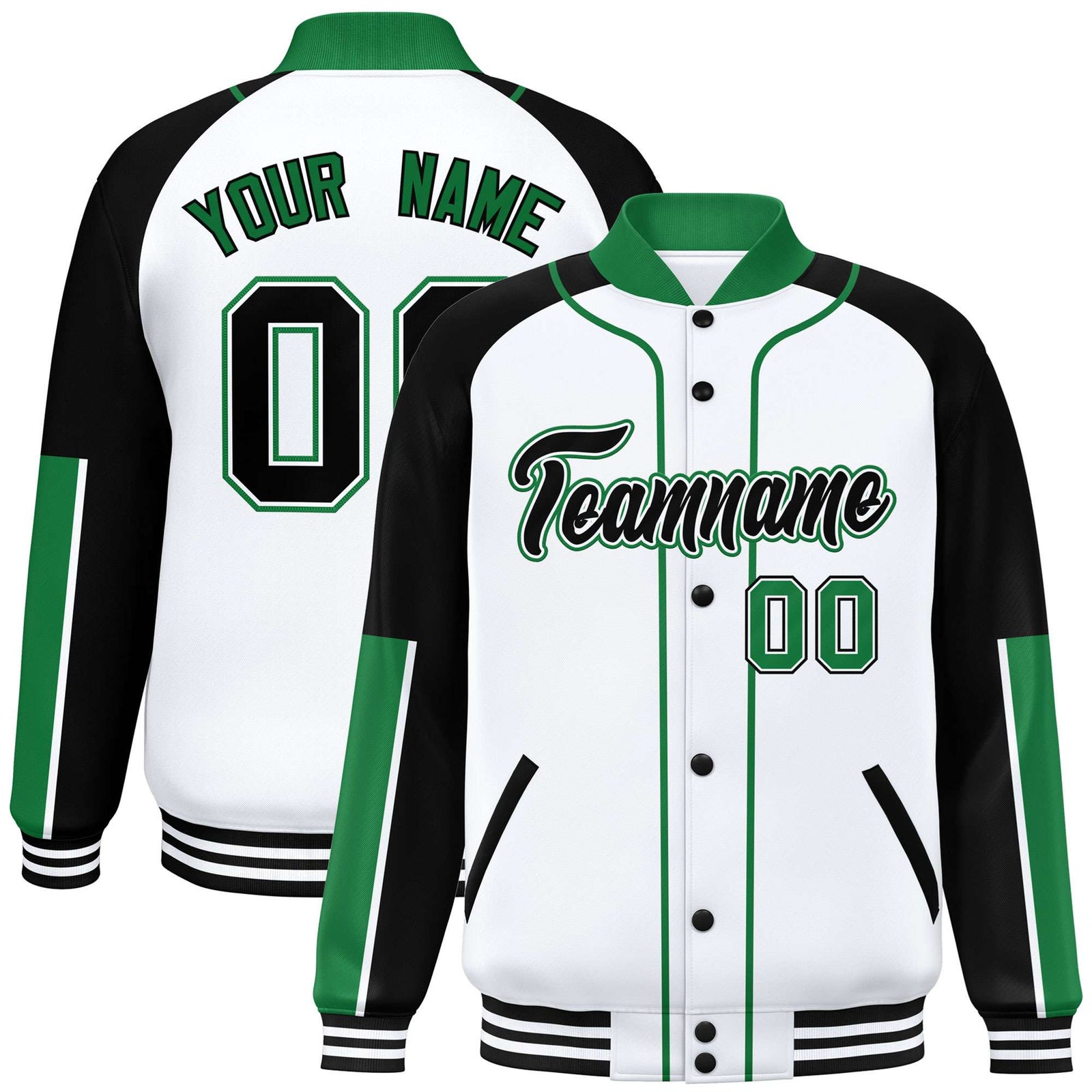 Custom White Black-Kelly Green Varsity Full-Snap Color Block Letterman Jacket