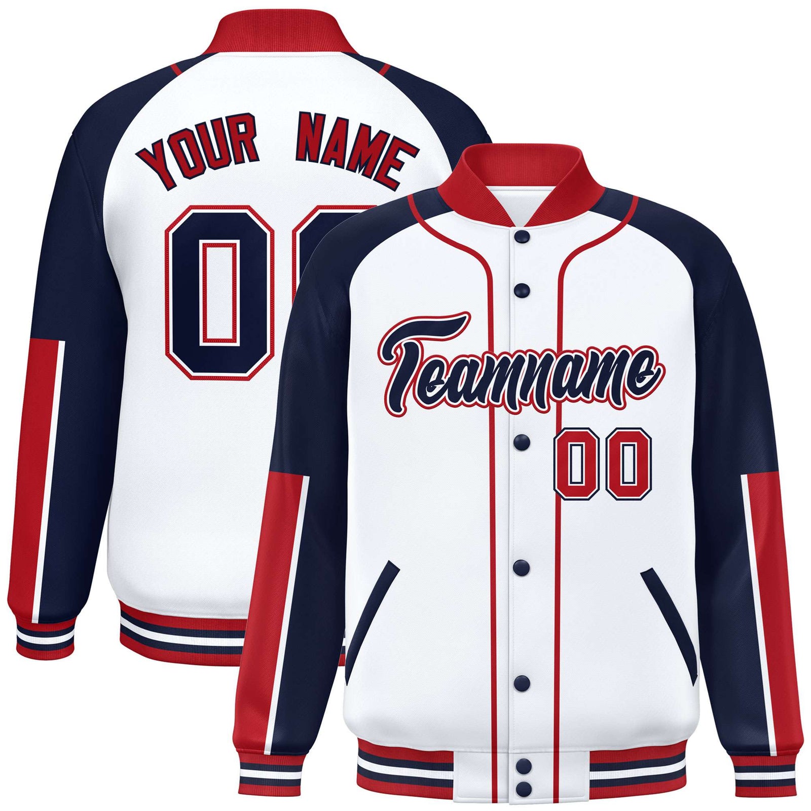 Custom White Navy-Red Varsity Full-Snap Color Block Letterman Jacket