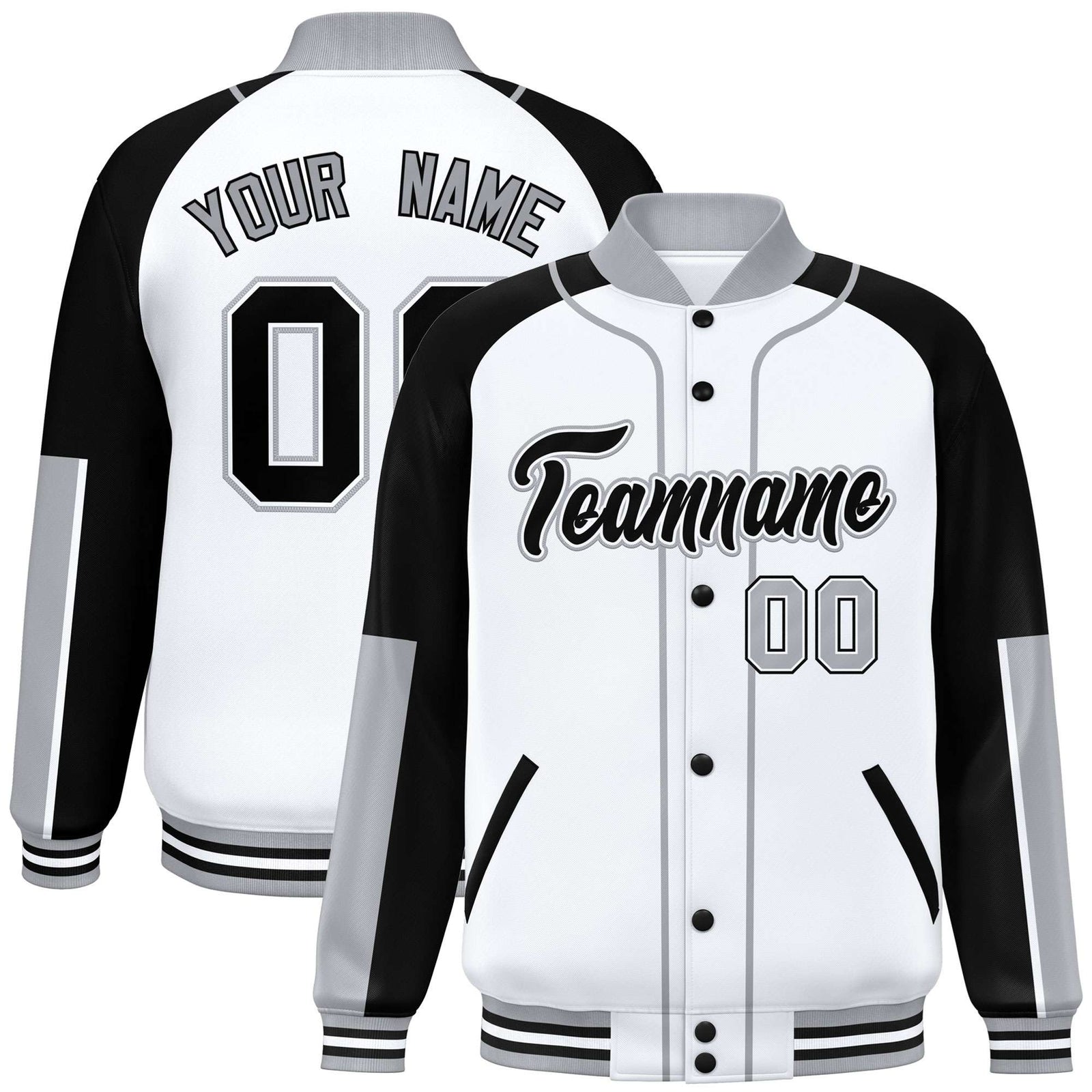 Custom White Black-Gray Varsity Full-Snap Color Block Letterman Jacket